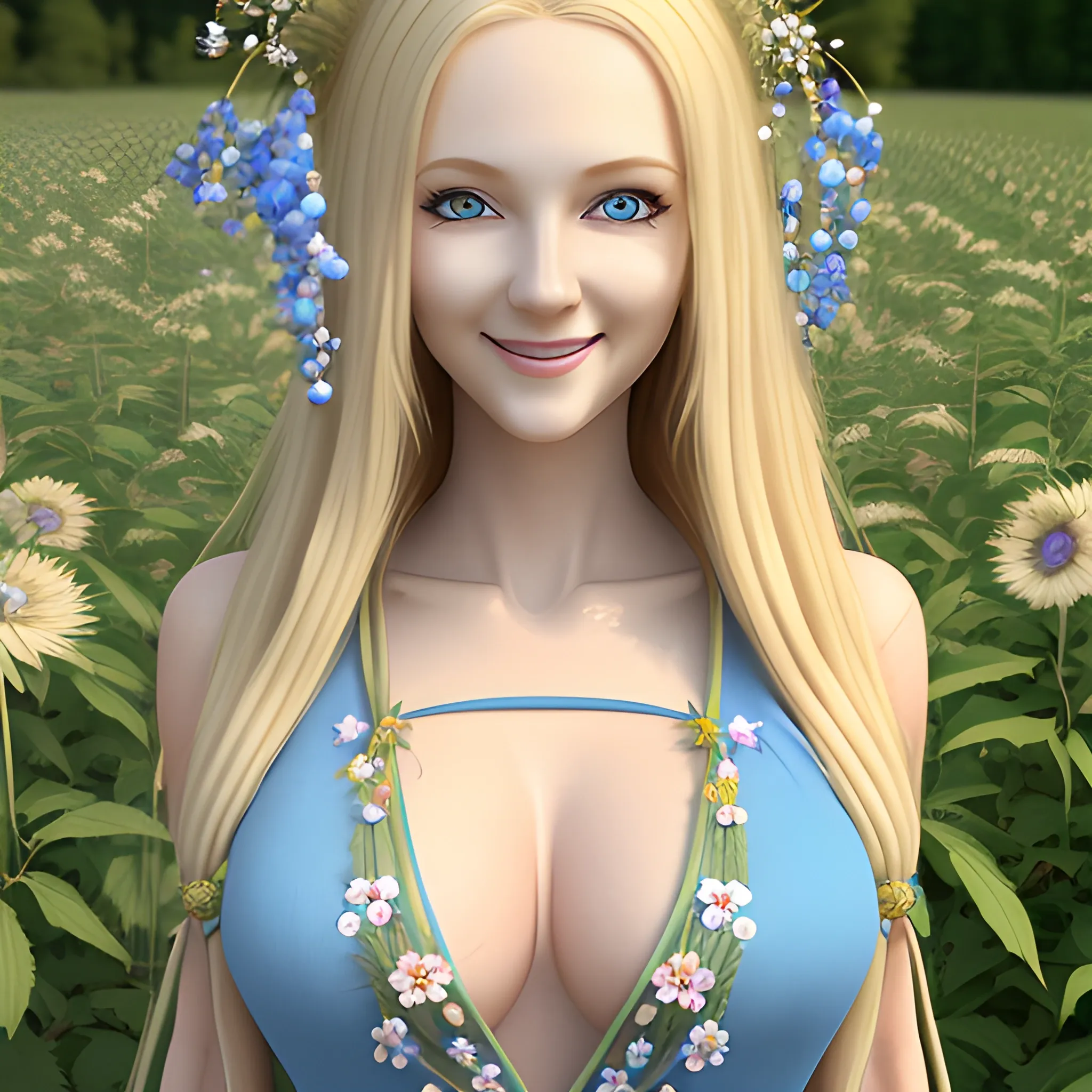 woman, long blonde Hair, blue Eys,  , 3D ,smile with closed lips, 1,7m tall, full body, hemp dress with flowers, big boobs