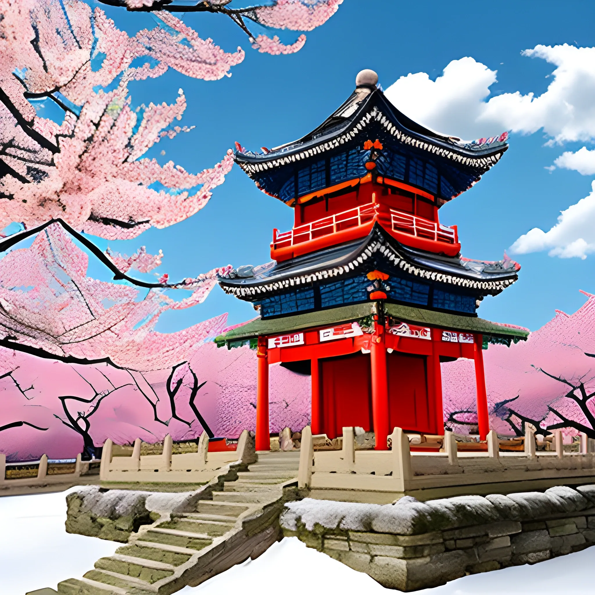 Ancient pagoda from the Song Dynasty in China, white clouds and snowy scenery in the southern sky, red plum blossoms, the ultimate artistic conception, master