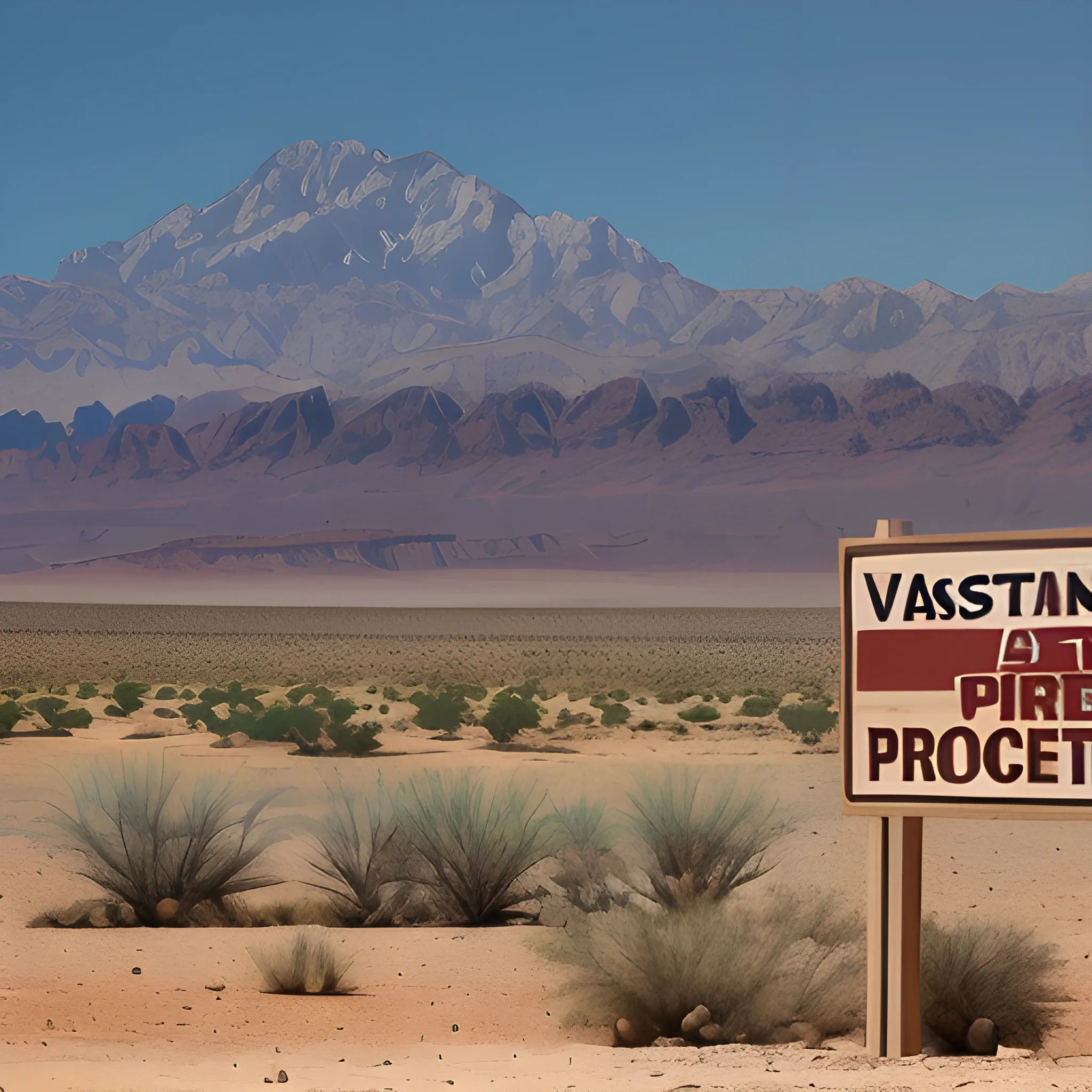 a ranch in the vastness of the desert with mountains in the background of the landscape and a sign in the foreground saying private property