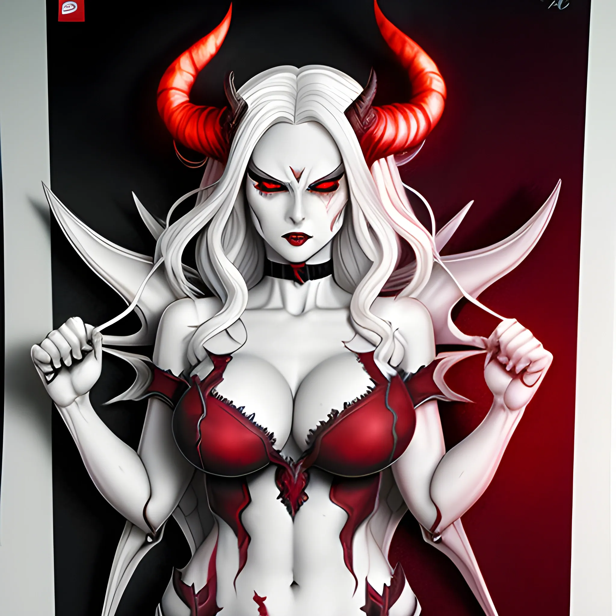 succubuswhite hair, horns gray, red eyes, red outfit with cleavage, comics, realistic, Cartoon, Hellstrom, full body, devil, 3D, Cartoon, Pencil Sketch