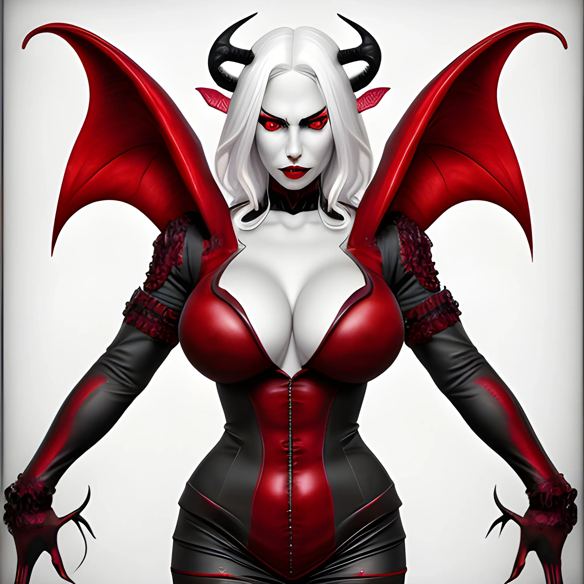 succubus, white hair, curled ram horns, red irises, red outfit with cleavage, comics, realistic, Cartoon, Hellstrom, full body, high definition, ultra realistic, natural shading, high precision, high detail, focused eyes, precise contours, not blurred, not two headed, not distorted, 3D, Pencil Sketch