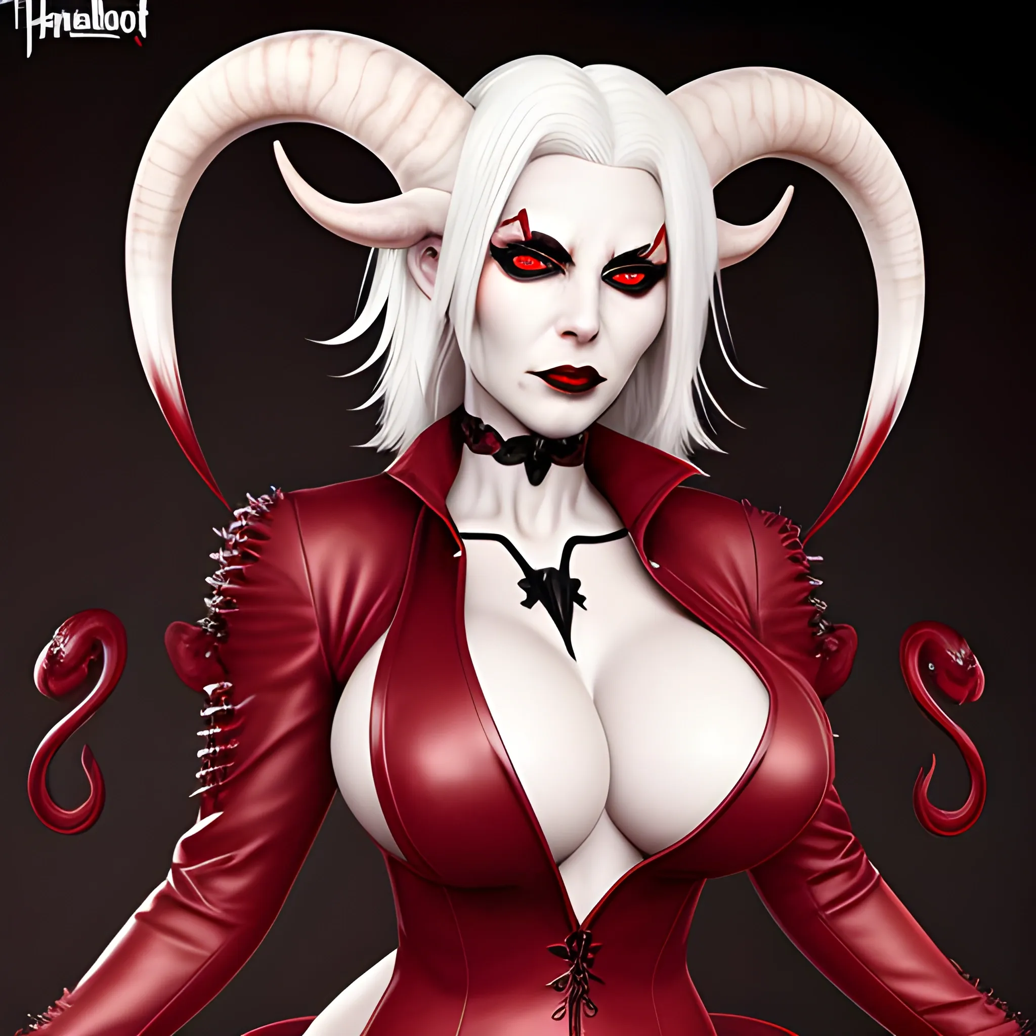 succubus, white hair, curled ram horns, red irises, red outfit with cleavage, comics, realistic, Cartoon, Hellstrom, full body, high definition, ultra realistic, natural shading, high precision, high detail, precise contours, not blurred, not two headed, not distorted, Cartoon,