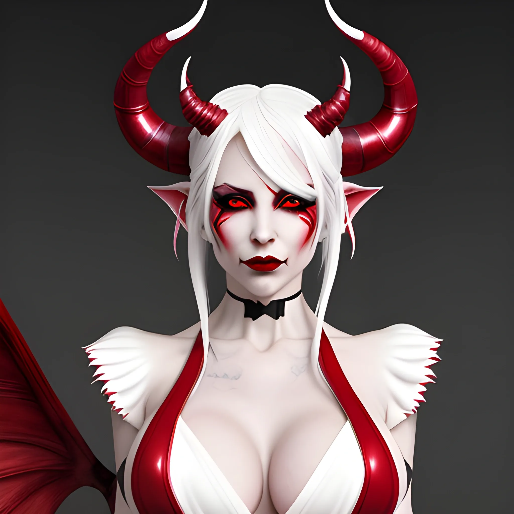 succubus, white hair, curled horns, white lobes, red irises, red outfit with cleavage, full body, high definition, ultra realistic, natural shading, high precision, high quality, stable, high detail, accurate contours, photography, natural lighting, sharp, not blurred, not double-headed, not distorted,