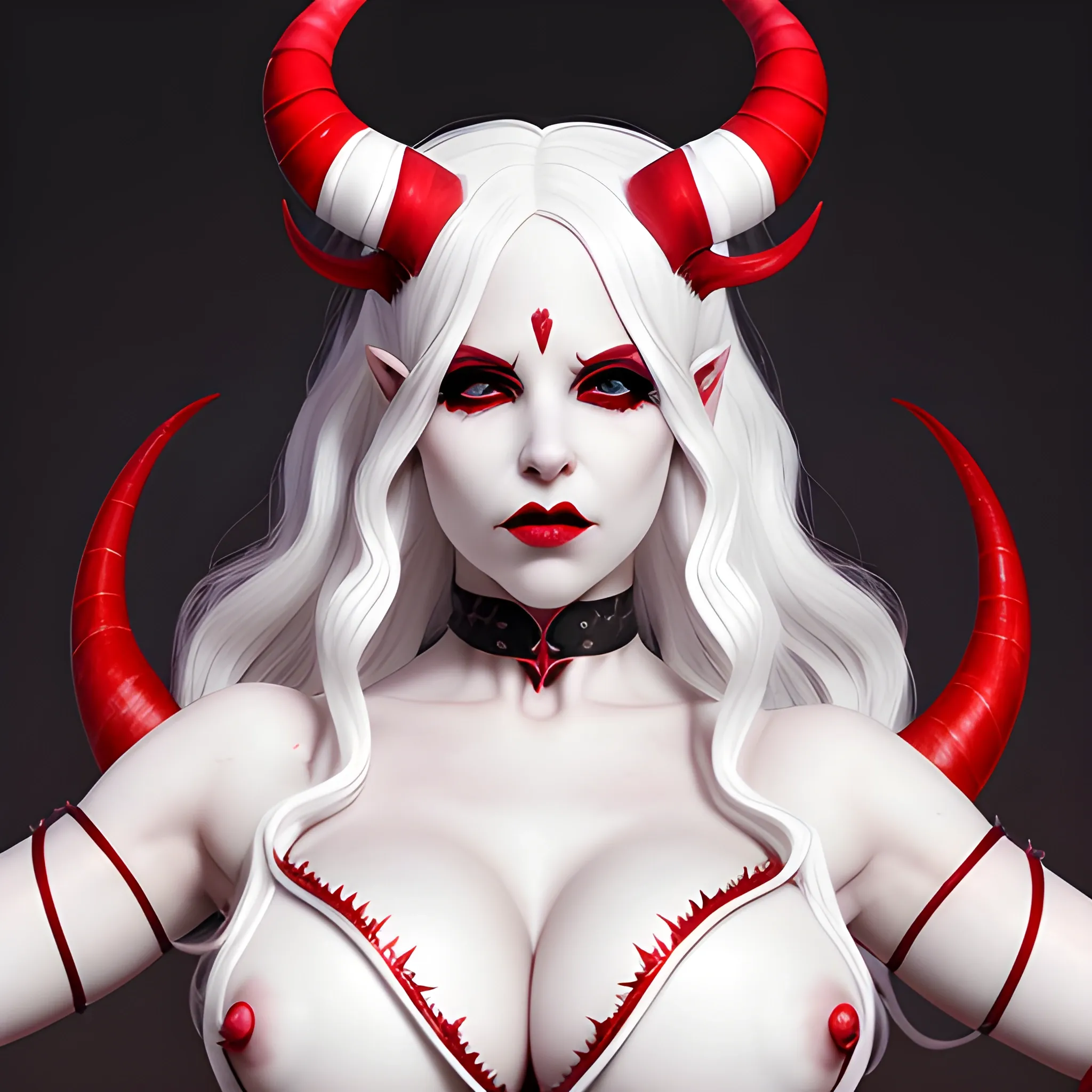 succubus, white hair, curled horns, white eyes, red outfit with cleavage, full body, high definition, ultra realistic, natural shading, high precision, high quality, stable, high detail, accurate contours, photography, natural lighting, sharp, not blurred, not double-headed, not distorted,