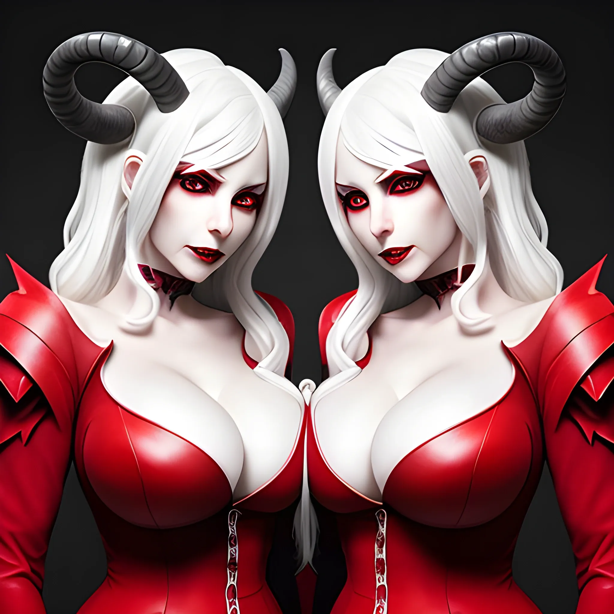 succubus, white hair, curled horns, natural eyes, red outfit with cleavage, full body, high definition, ultra realistic, natural shading, high precision, high quality, stable, high detail, accurate contours, photography, natural lighting, sharp, no blurred, not two-headed, not distorted