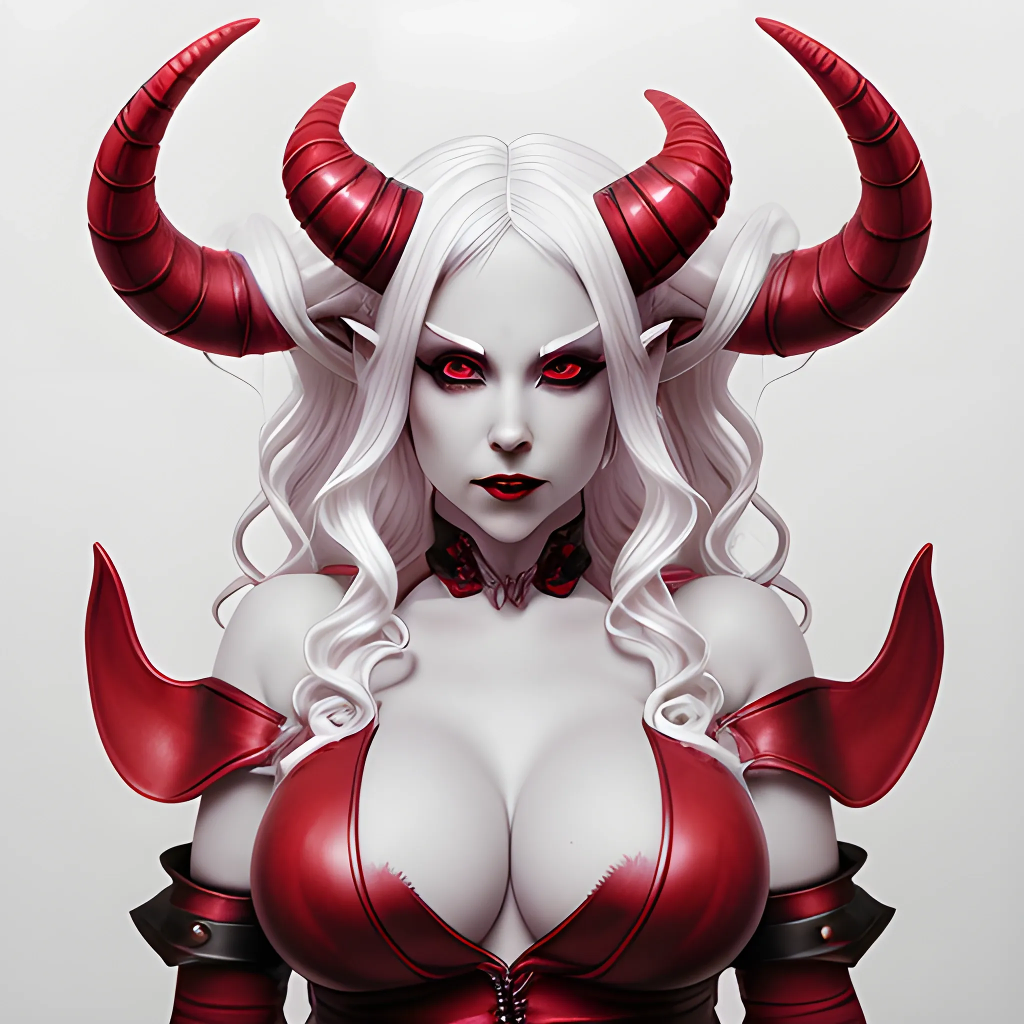 succubus, white hair, curled horns, red outfit with cleavage, full body, high definition, ultra realistic, natural shading, high precision, high quality, stable, high detail, accurate contours, photography, natural lighting, sharp, no blurred, not two-headed, not distorted,, Pencil Sketch