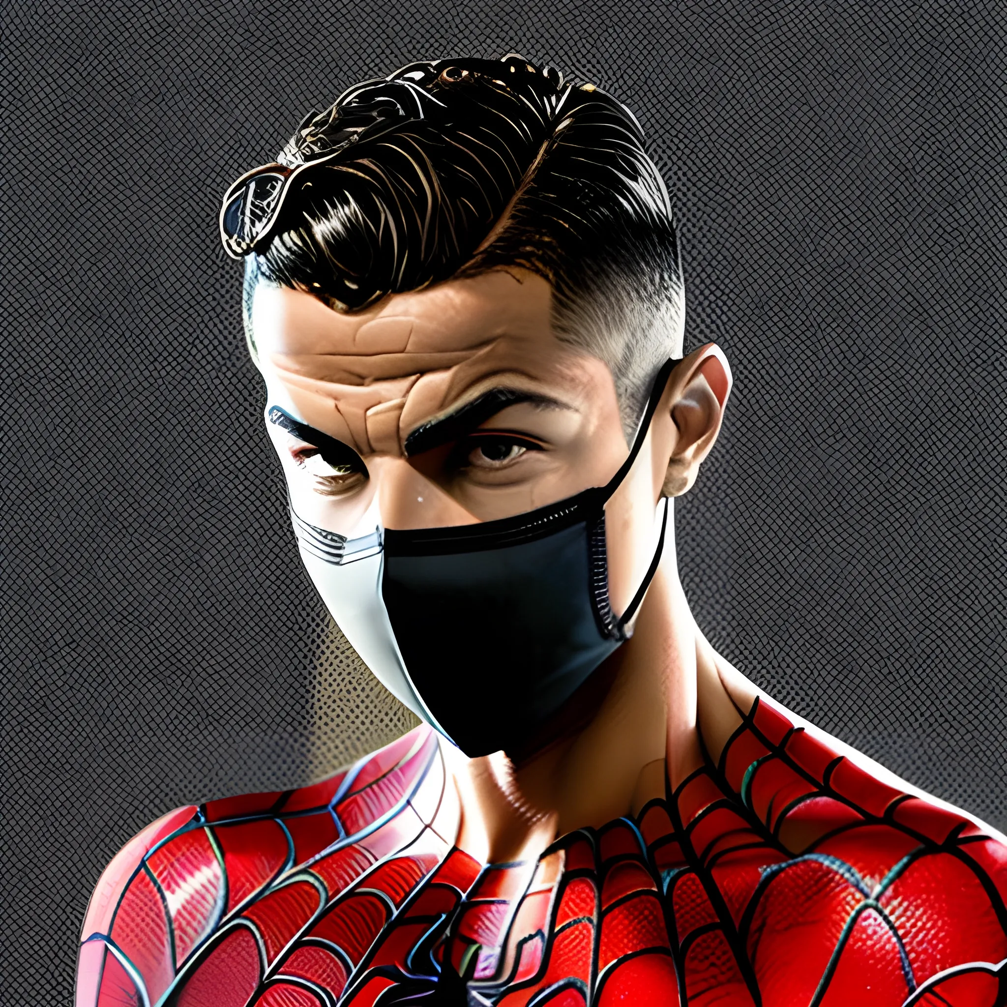 cristano ronaldo in a spider man cloth, face mask not includes, in a dark cinematic background