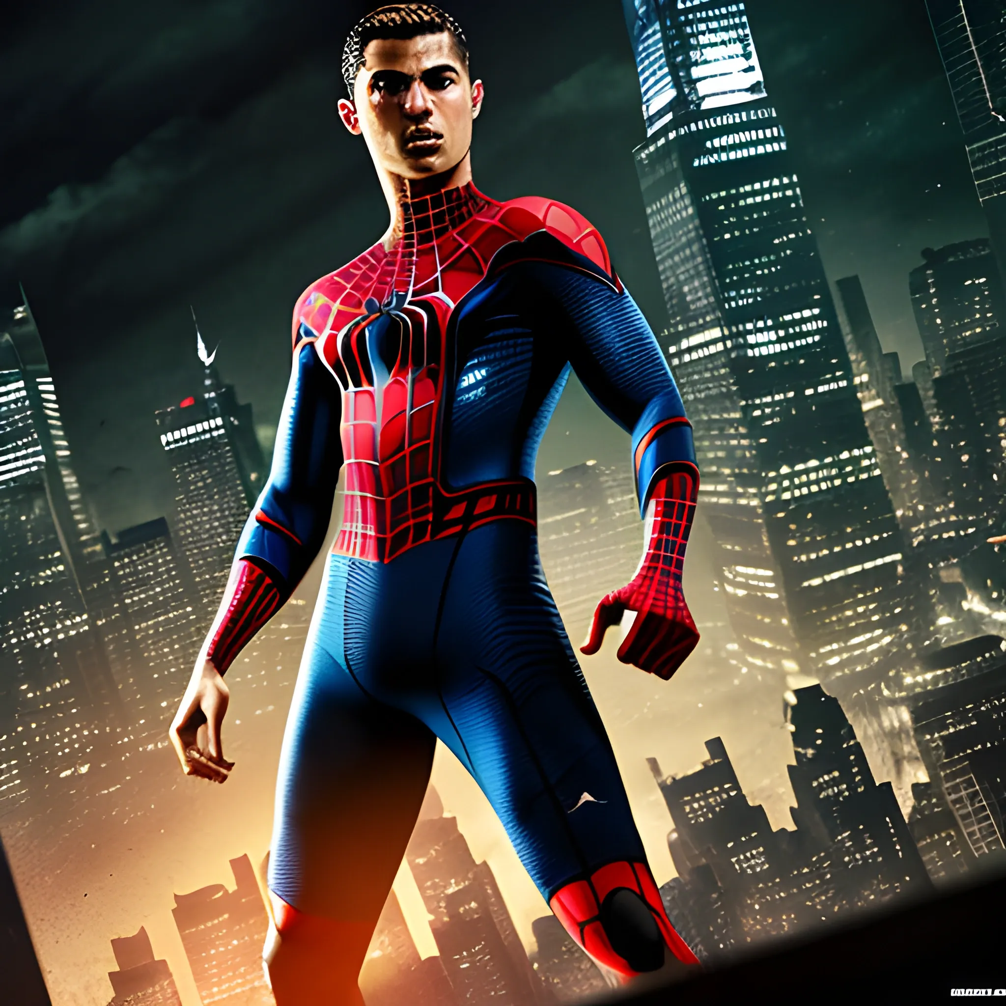 cristano ronaldo in a spider man cloth, in a dark cinematic background, city scene, detailed image