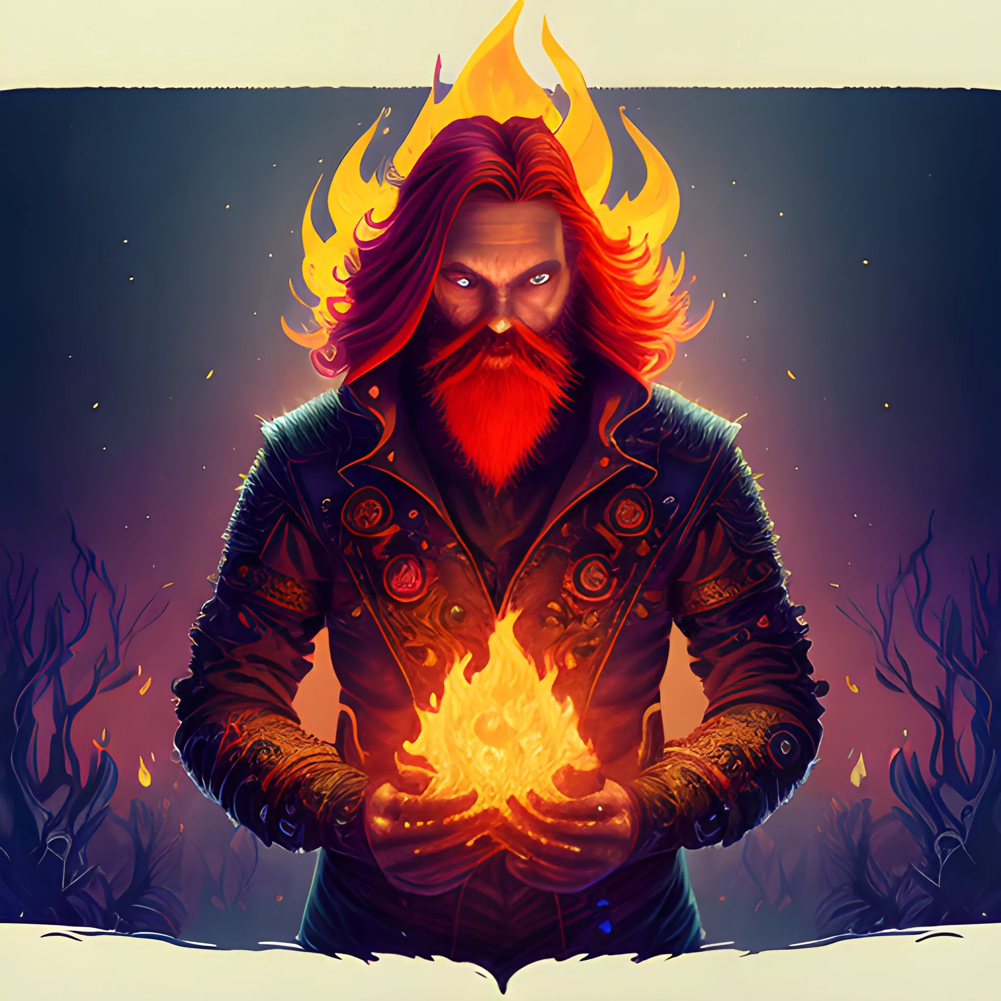 Pyroman, flamethrower, fire, long hair, beard, redhead, vilain, luminous colorful sparkles, ominous, eldritch, macabre, spooky; by James R. Eads, Gawki, rajewel, Tania Rivilis, Dan Mumford, glitter, airbrush, Octane Render, elegant, volumetric lighting, 16k; detailed matte painting, deep color, fantastical, intricate detail, splash screen, complementary colors, fantasy concept art, 8k resolution trending on Artstation Unreal Engine 5, forest, trees on fire, big forest, man in forest, Forest fire, explosions
