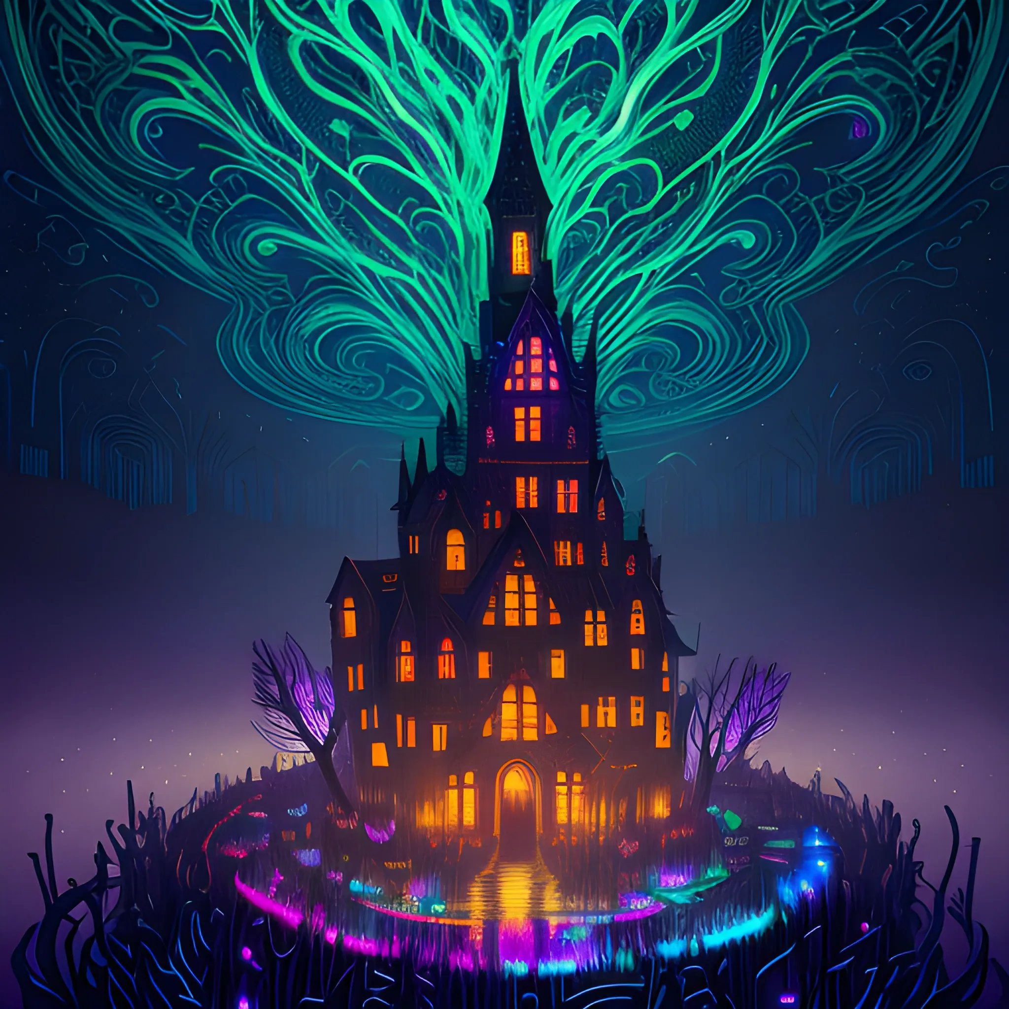 luminous colorful sparkles, ominous, eldritch, macabre, spooky; by James R. Eads, Gawki, rajewel, Tania Rivilis, Dan Mumford, glitter, airbrush, Octane Render, elegant, volumetric lighting, 16k; detailed matte painting, deep color, fantastical, intricate detail, splash screen, complementary colors, fantasy concept art, 8k resolution trending on Artstation Unreal Engine 5, village burning, peoples burning, fire on houses
