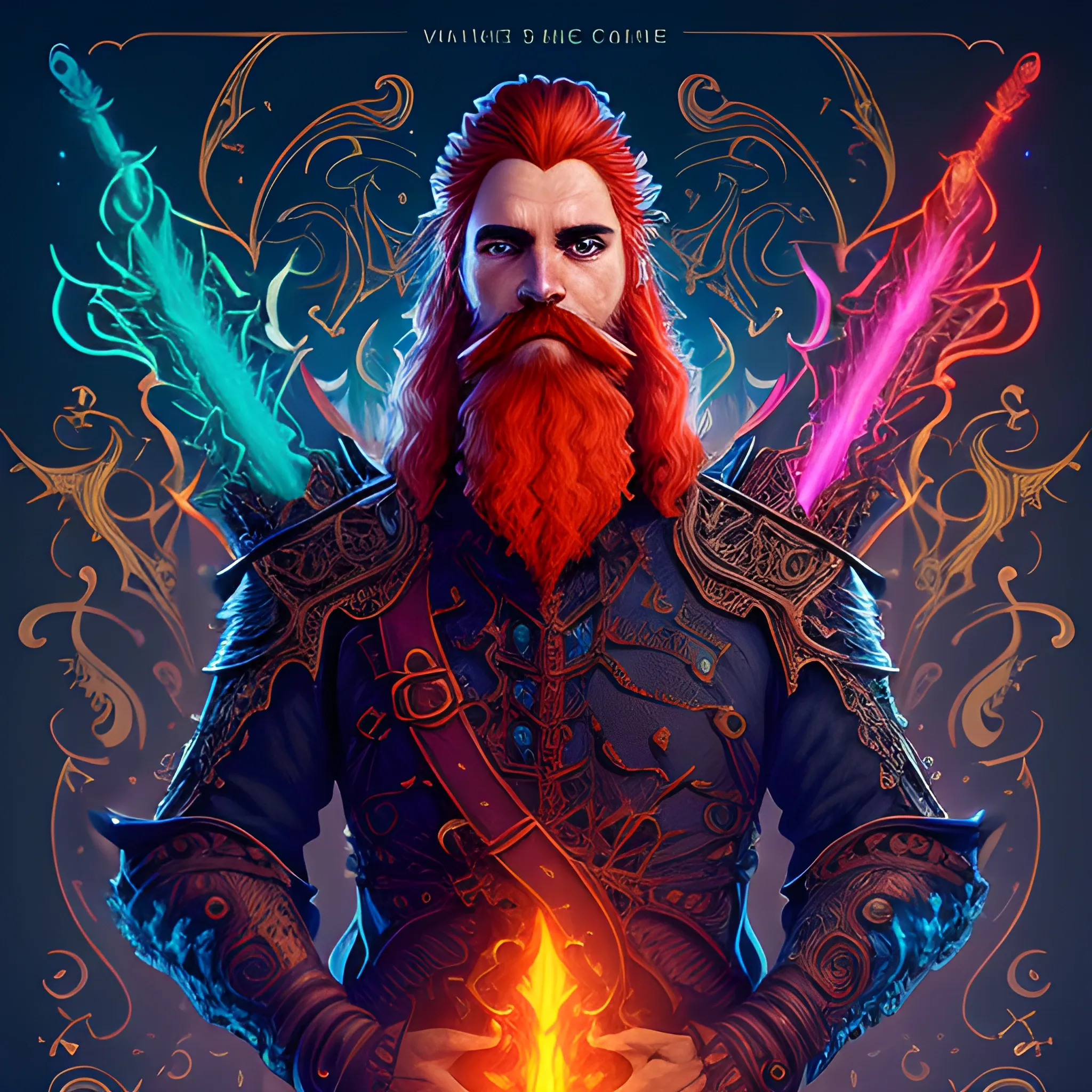  fire sword, fire, long hair, beard, redhead, vilain, luminous colorful sparkles, ominous, eldritch, macabre, spooky; by James R. Eads, Gawki, rajewel, Tania Rivilis, Dan Mumford, glitter, airbrush, Octane Render, elegant, volumetric lighting, 16k; detailed matte painting, deep color, fantastical, intricate detail, splash screen, complementary colors, fantasy concept art, 8k resolution trending on Artstation Unreal Engine 5, 