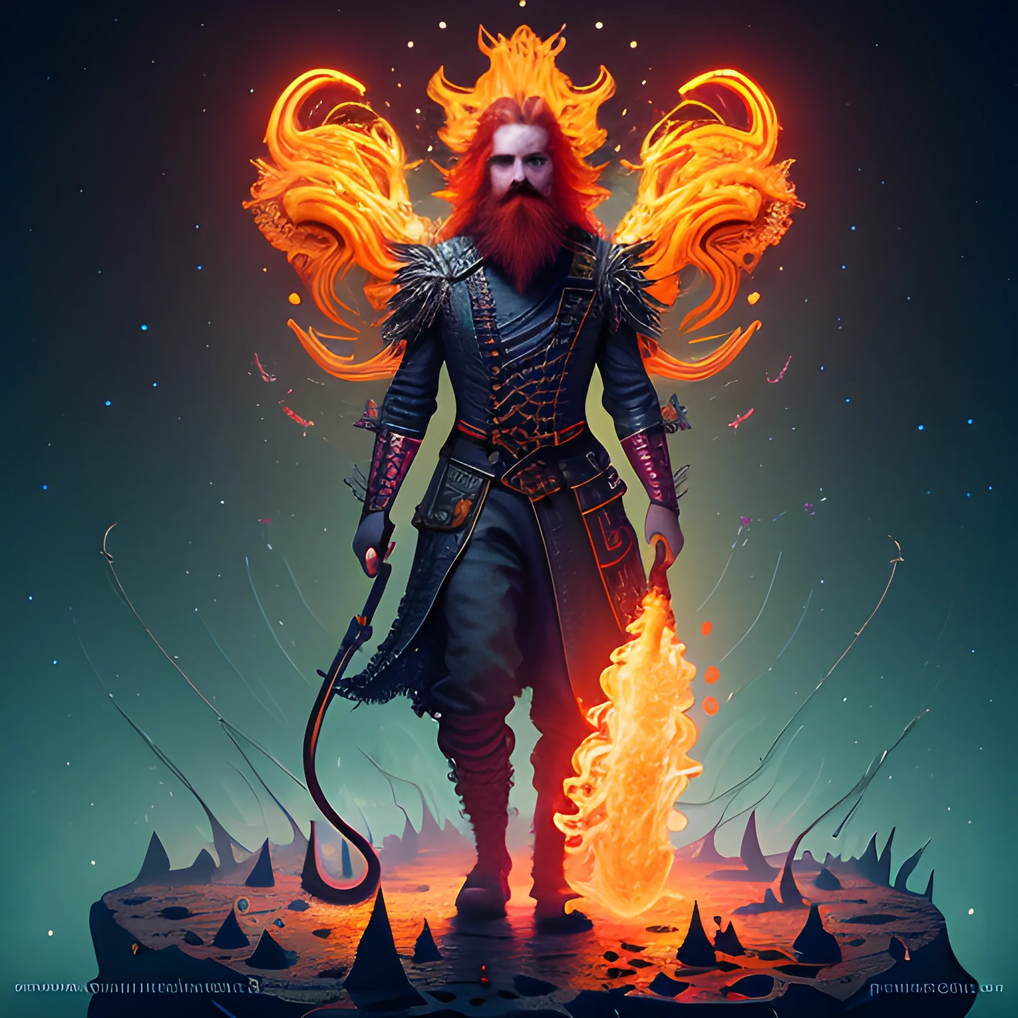 flamethrower, fire, long hair, beard, redhead, vilain, luminous colorful sparkles, ominous, eldritch, macabre, spooky; by James R. Eads, Gawki, rajewel, Tania Rivilis, Dan Mumford, glitter, airbrush, Octane Render, elegant, volumetric lighting, 16k; detailed matte painting, deep color, fantastical, intricate detail, splash screen, complementary colors, fantasy concept art, 8k resolution trending on Artstation Unreal Engine 5, 