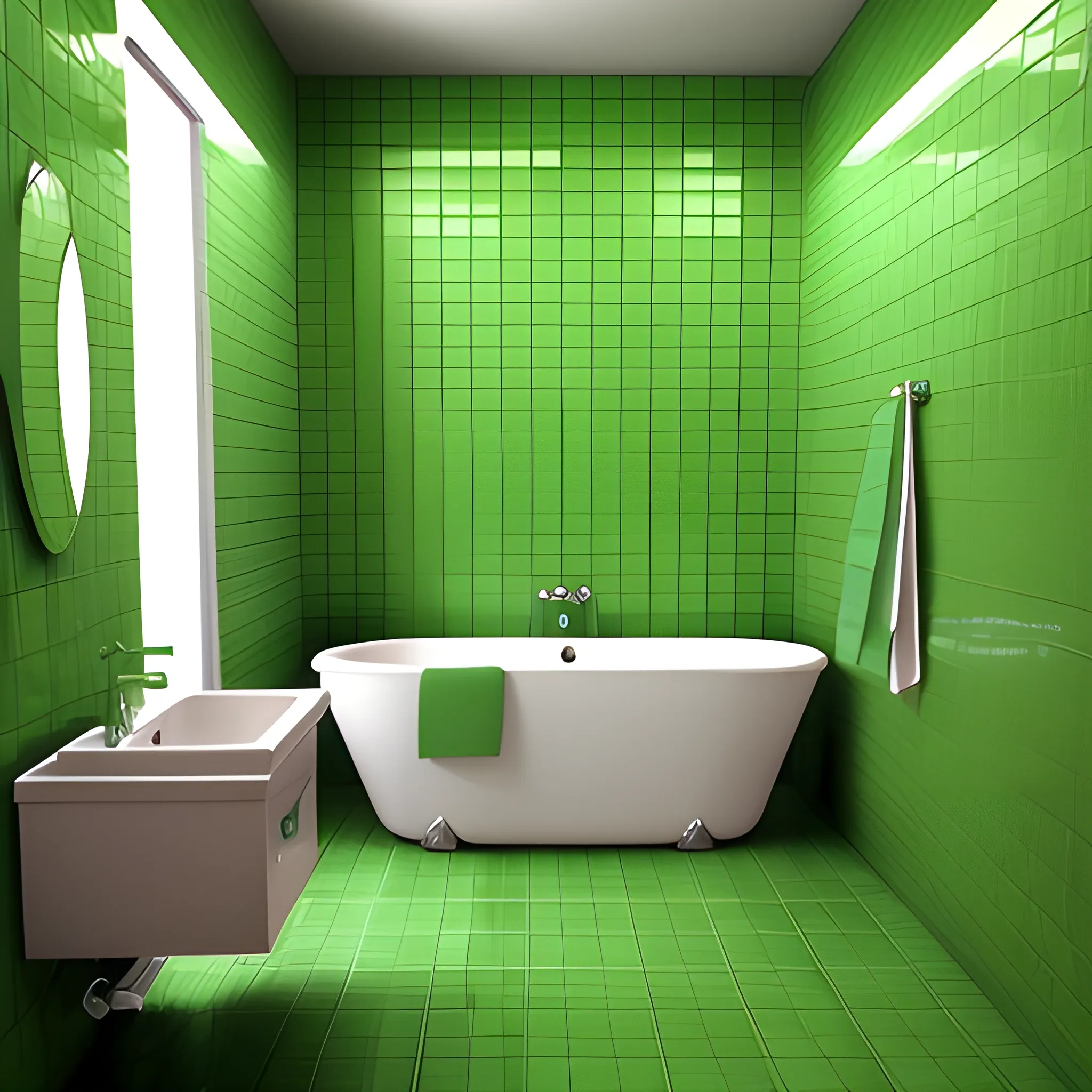 a giant lonely tiled green bathroom aesthetic by the night, 3D