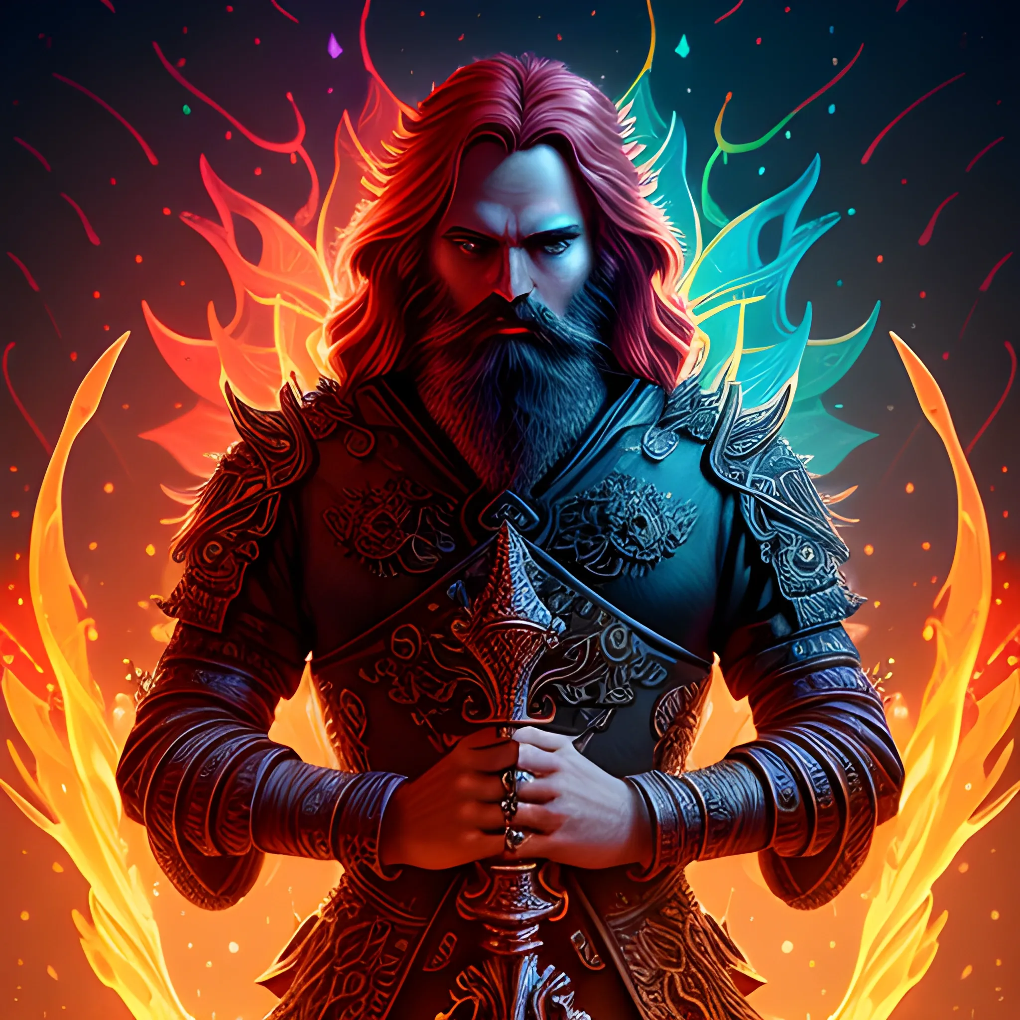  fire sword, fire, long hair, beard, redhead, vilain, luminous colorful sparkles, ominous, eldritch, macabre, spooky; by James R. Eads, Gawki, rajewel, Tania Rivilis, Dan Mumford, glitter, airbrush, Octane Render, elegant, volumetric lighting, 16k; detailed matte painting, deep color, fantastical, intricate detail, splash screen, complementary colors, fantasy concept art, 8k resolution trending on Artstation Unreal Engine 5, 