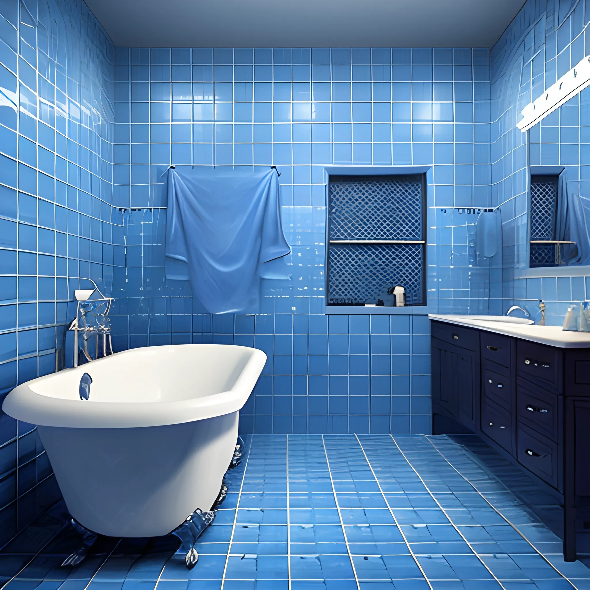 a giant lonely tiled blue bathroom terma aesthetic by the night, 3D