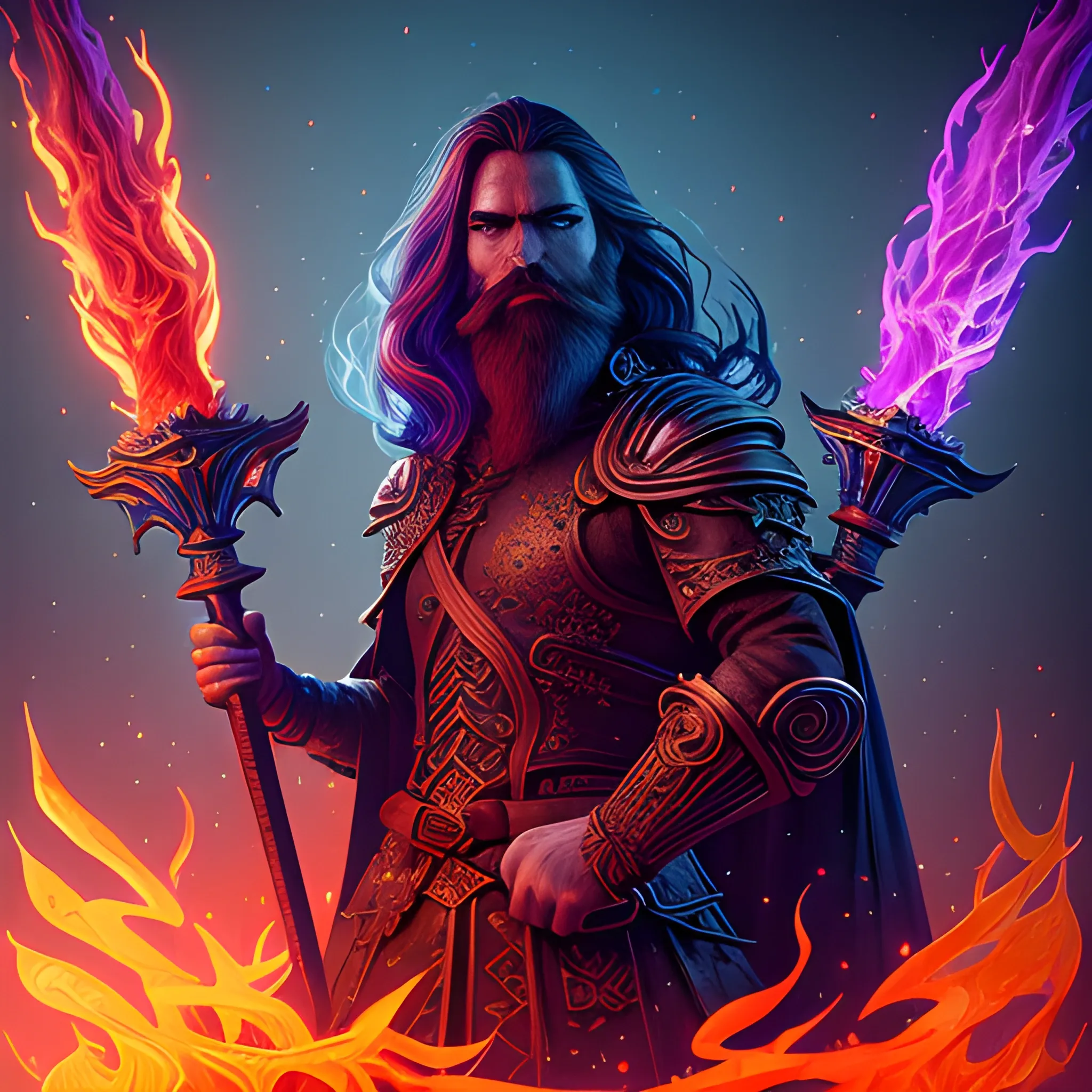  fire sword, fire, long hair, beard, redhead, vilain, luminous colorful sparkles, ominous, eldritch, macabre, spooky; by James R. Eads, Gawki, rajewel, Tania Rivilis, Dan Mumford, glitter, airbrush, Octane Render, elegant, volumetric lighting, 16k; detailed matte painting, deep color, fantastical, intricate detail, splash screen, complementary colors, fantasy concept art, 8k resolution trending on Artstation Unreal Engine 5, 