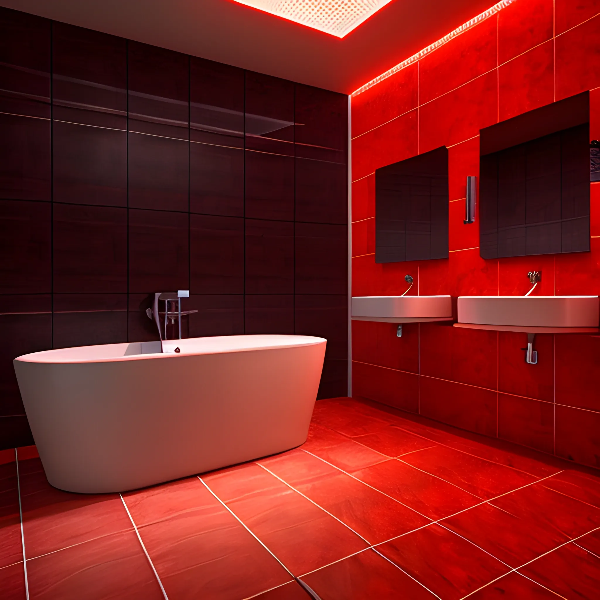 a dark lonely tiled bathroom terma with red lights aesthetic by the night, 3D