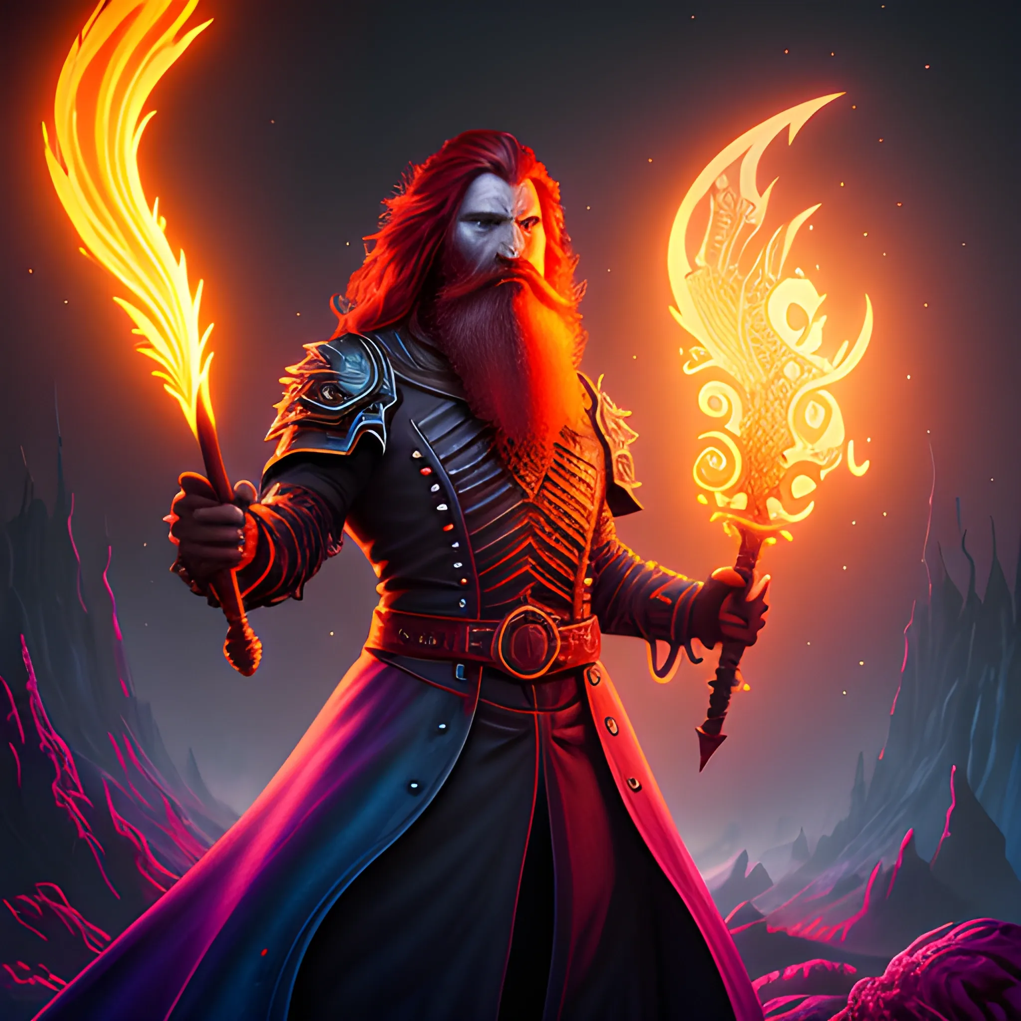  fire sword, fire, long hair, beard, redhead, vilain, luminous colorful sparkles, ominous, eldritch, macabre, spooky; by James R. Eads, Gawki, rajewel, Tania Rivilis, Dan Mumford, glitter, airbrush, Octane Render, elegant, volumetric lighting, 16k; detailed matte painting, deep color, fantastical, intricate detail, splash screen, complementary colors, fantasy concept art, 8k resolution trending on Artstation Unreal Engine 5, 