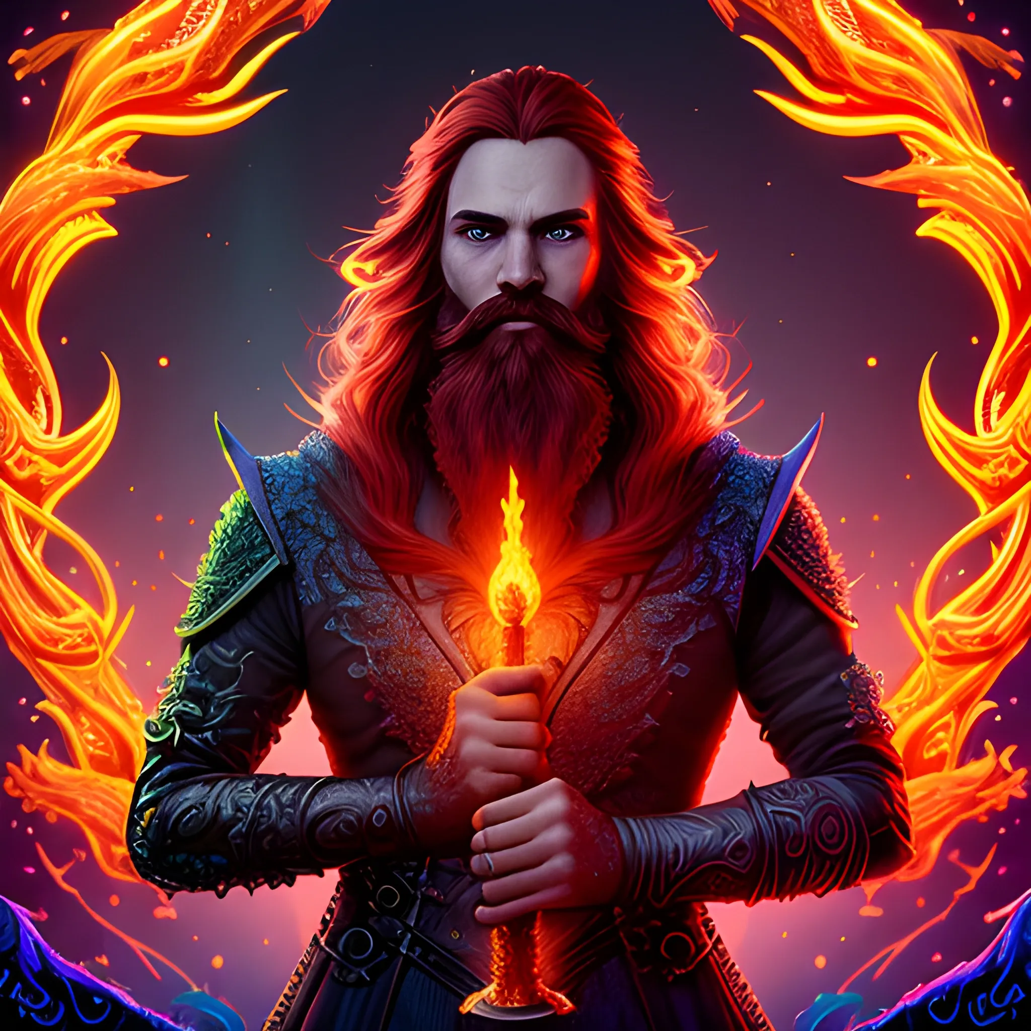  fire sword, fire, long hair, beard, redhead, vilain, luminous colorful sparkles, ominous, eldritch, macabre, spooky; by James R. Eads, Gawki, rajewel, Tania Rivilis, Dan Mumford, glitter, airbrush, Octane Render, elegant, volumetric lighting, 16k; detailed matte painting, deep color, fantastical, intricate detail, splash screen, complementary colors, fantasy concept art, 8k resolution trending on Artstation Unreal Engine 5, 