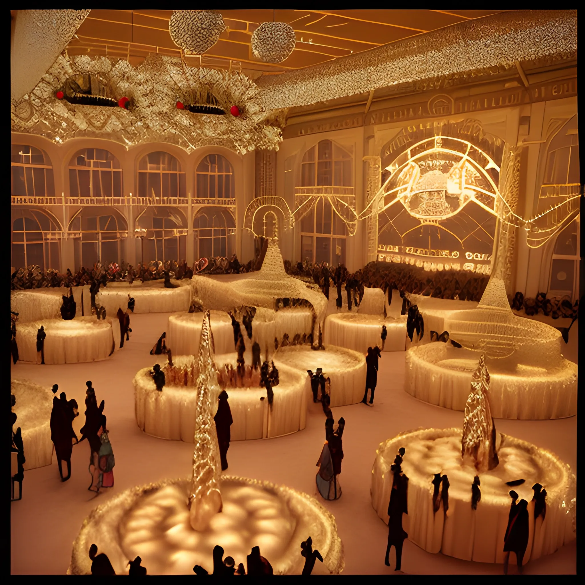 A gigantic 1920s dance gold hall in christmas, 3D