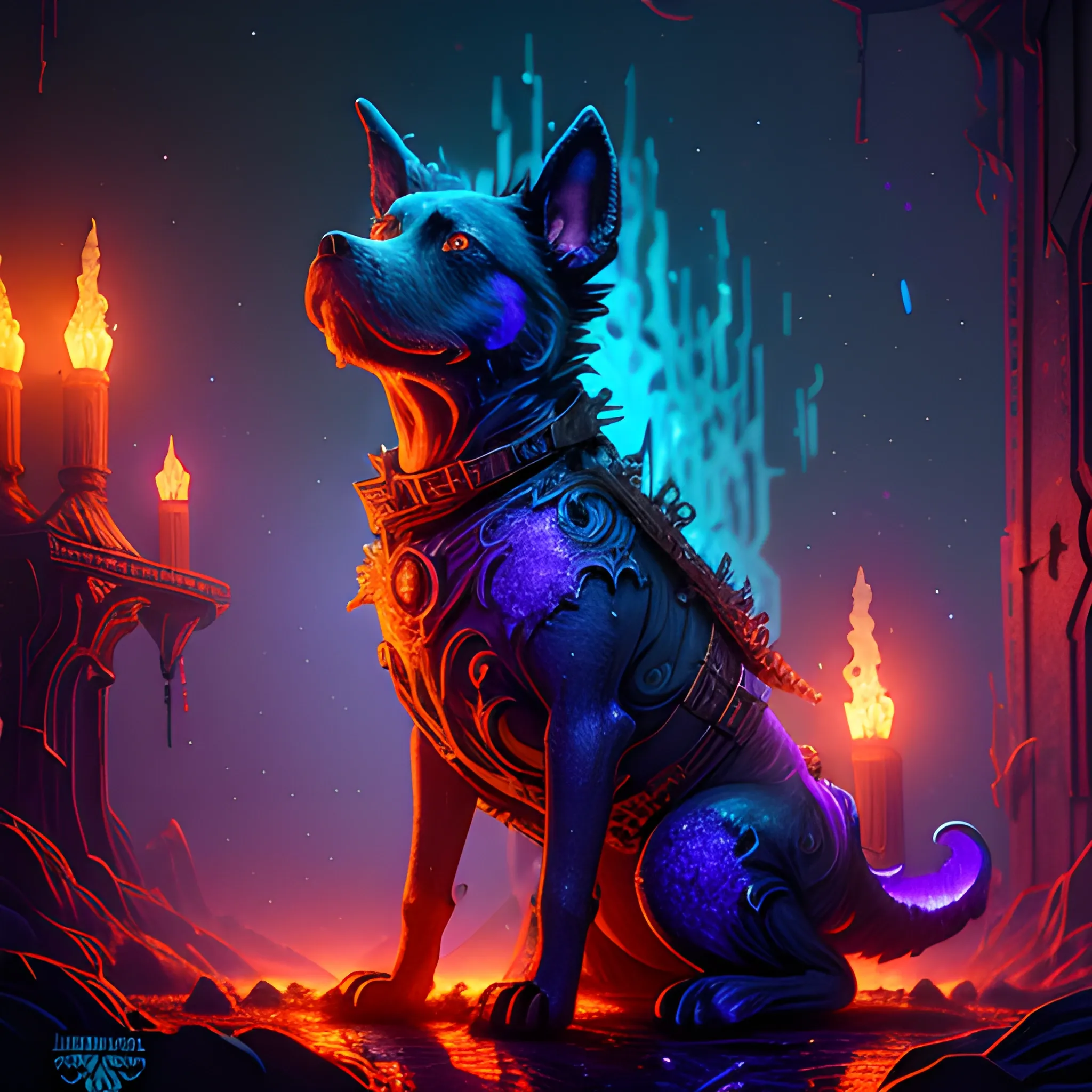  fire dog, hell dog, luminous colorful sparkles, ominous, eldritch, macabre, spooky; by James R. Eads, Gawki, rajewel, Tania Rivilis, Dan Mumford, glitter, airbrush, Octane Render, elegant, volumetric lighting, 16k; detailed matte painting, deep color, fantastical, intricate detail, splash screen, complementary colors, fantasy concept art, 8k resolution trending on Artstation Unreal Engine 5, 