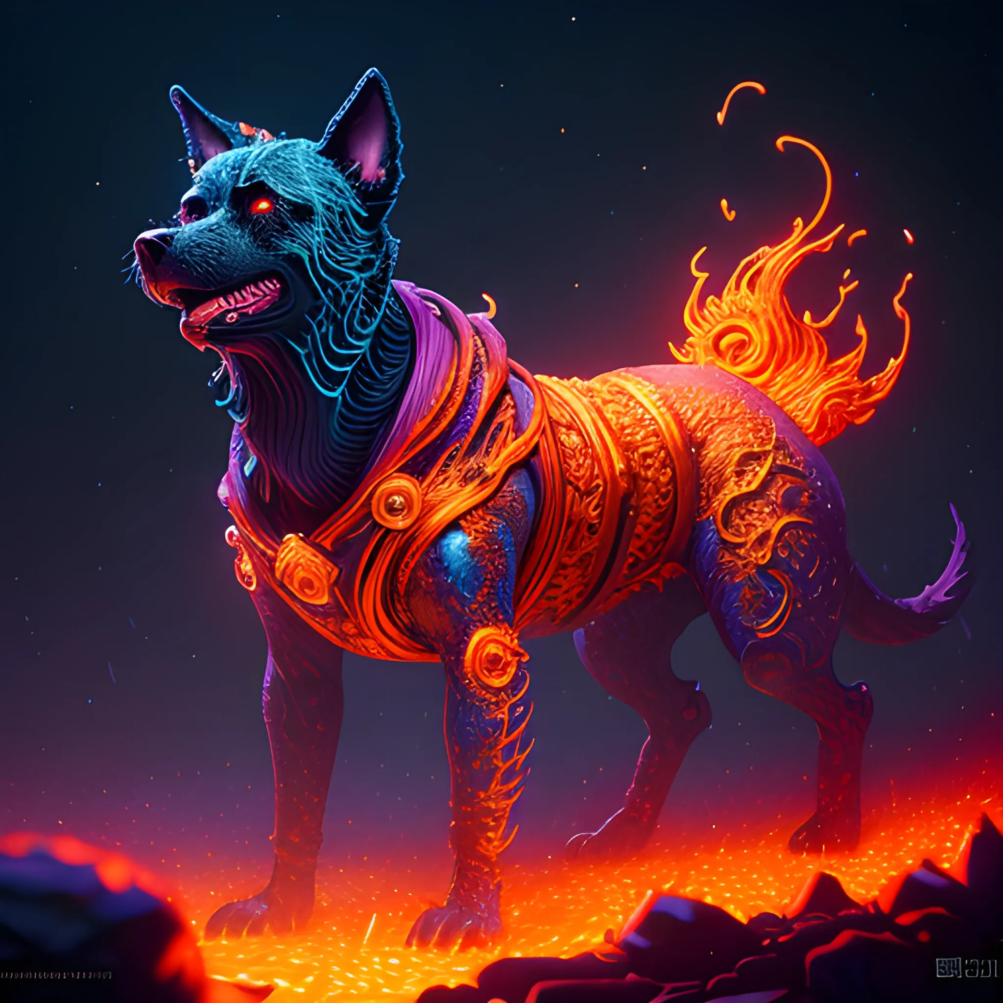 fire dog, hell dog, luminous colorful sparkles, ominous, eldrit ...