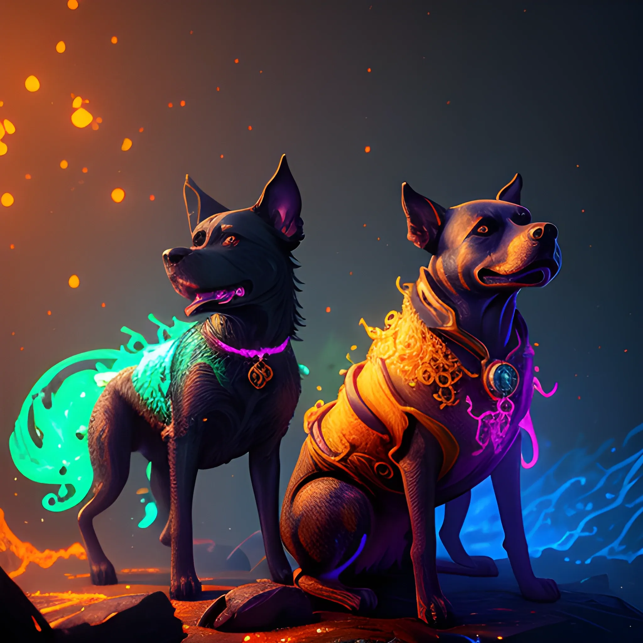  fire dogs, hell dogs, 3 dogs in fire luminous colorful sparkles, ominous, eldritch, macabre, spooky; by James R. Eads, Gawki, rajewel, Tania Rivilis, Dan Mumford, glitter, airbrush, Octane Render, elegant, volumetric lighting, 16k; detailed matte painting, deep color, fantastical, intricate detail, splash screen, complementary colors, fantasy concept art, 8k resolution trending on Artstation Unreal Engine 5, 