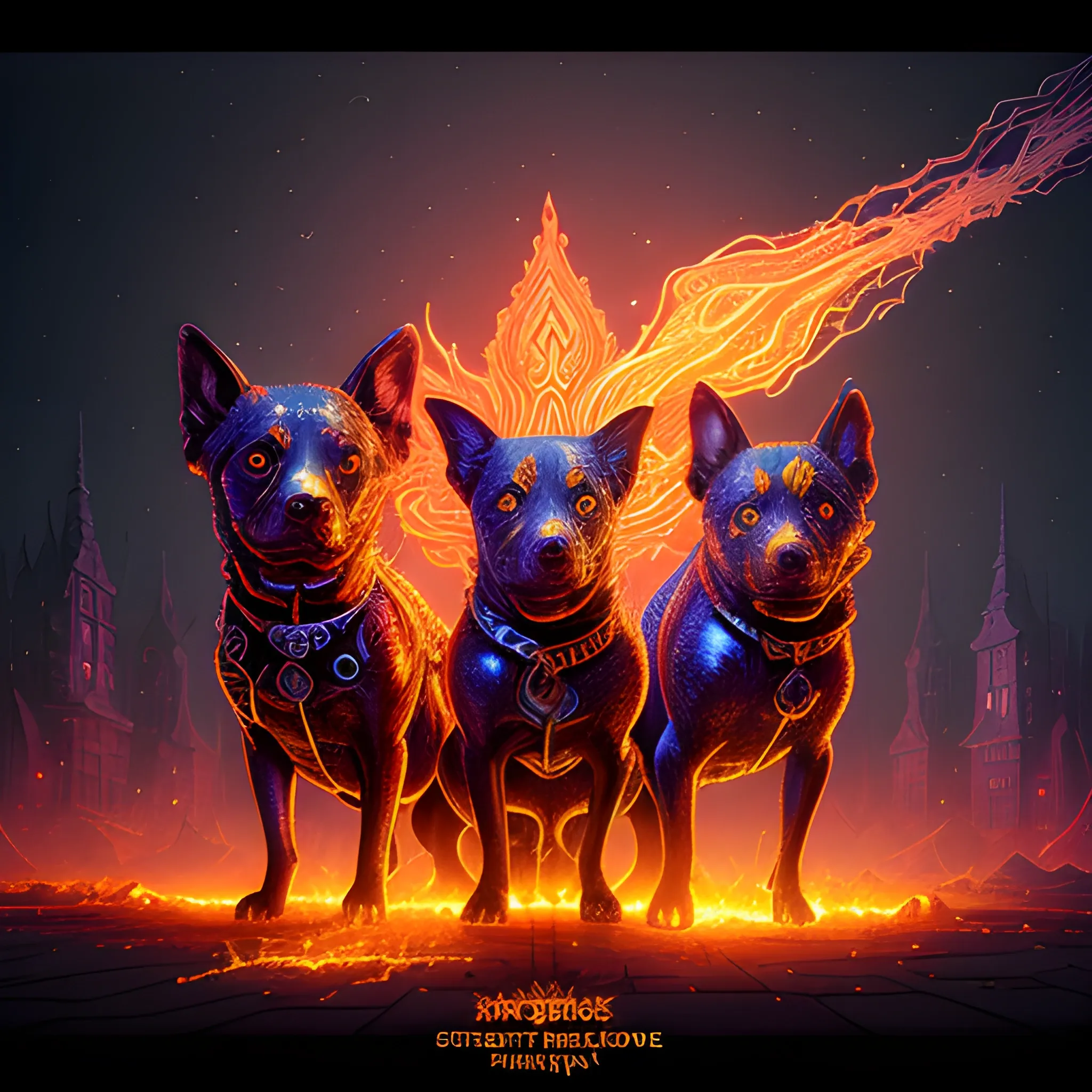  fire dogs, hell dogs, 3 dogs in fire, luminous colorful sparkles, ominous, eldritch, macabre, spooky; by James R. Eads, Gawki, rajewel, Tania Rivilis, Dan Mumford, glitter, airbrush, Octane Render, elegant, volumetric lighting, 16k; detailed matte painting, deep color, fantastical, intricate detail, splash screen, complementary colors, fantasy concept art, 8k resolution trending on Artstation Unreal Engine 5, 