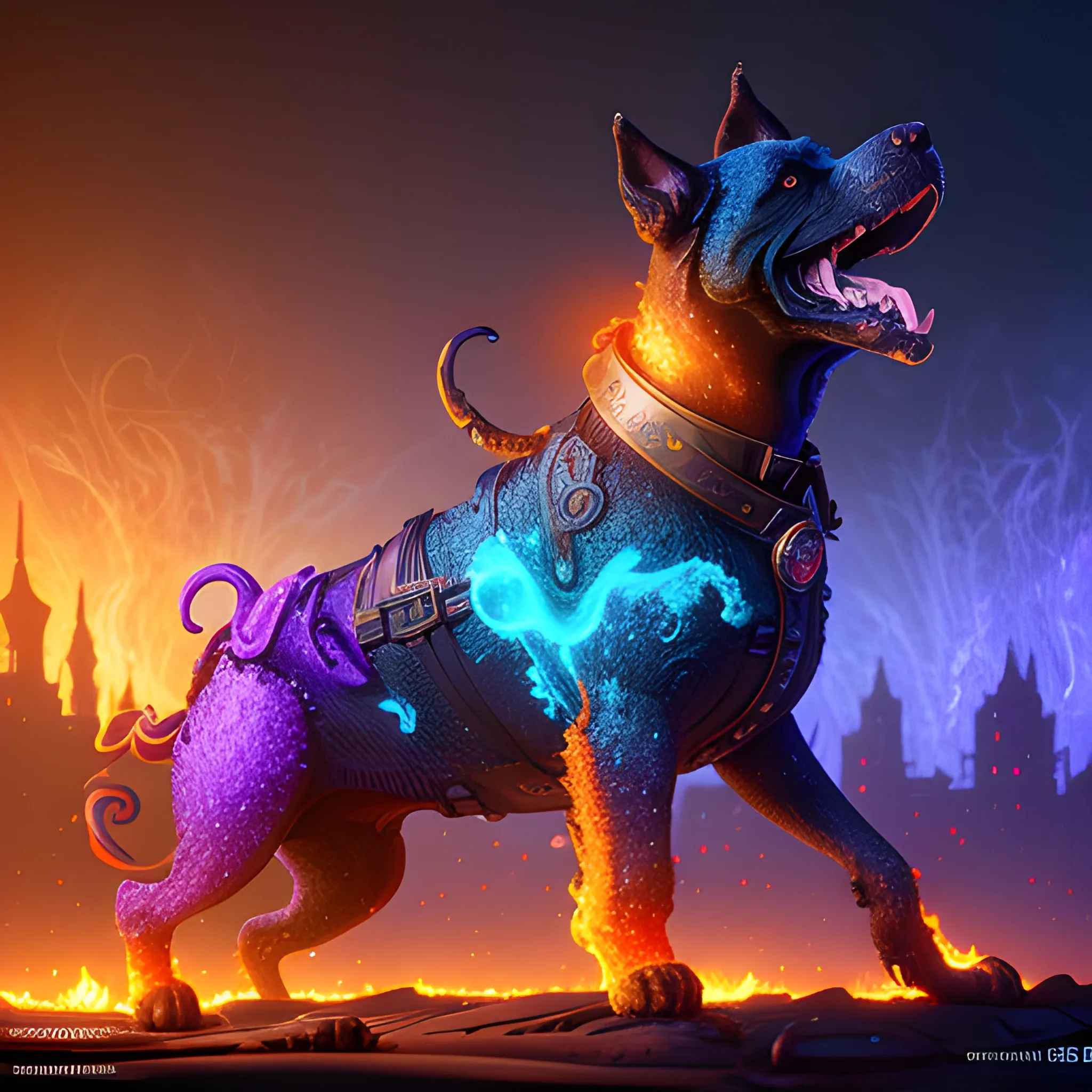  fire dogs, hell dogs, 3 dogs in fire, luminous colorful sparkles, ominous, eldritch, macabre, spooky; by James R. Eads, Gawki, rajewel, Tania Rivilis, Dan Mumford, glitter, airbrush, Octane Render, elegant, volumetric lighting, 16k; detailed matte painting, deep color, fantastical, intricate detail, splash screen, complementary colors, fantasy concept art, 8k resolution trending on Artstation Unreal Engine 5, 