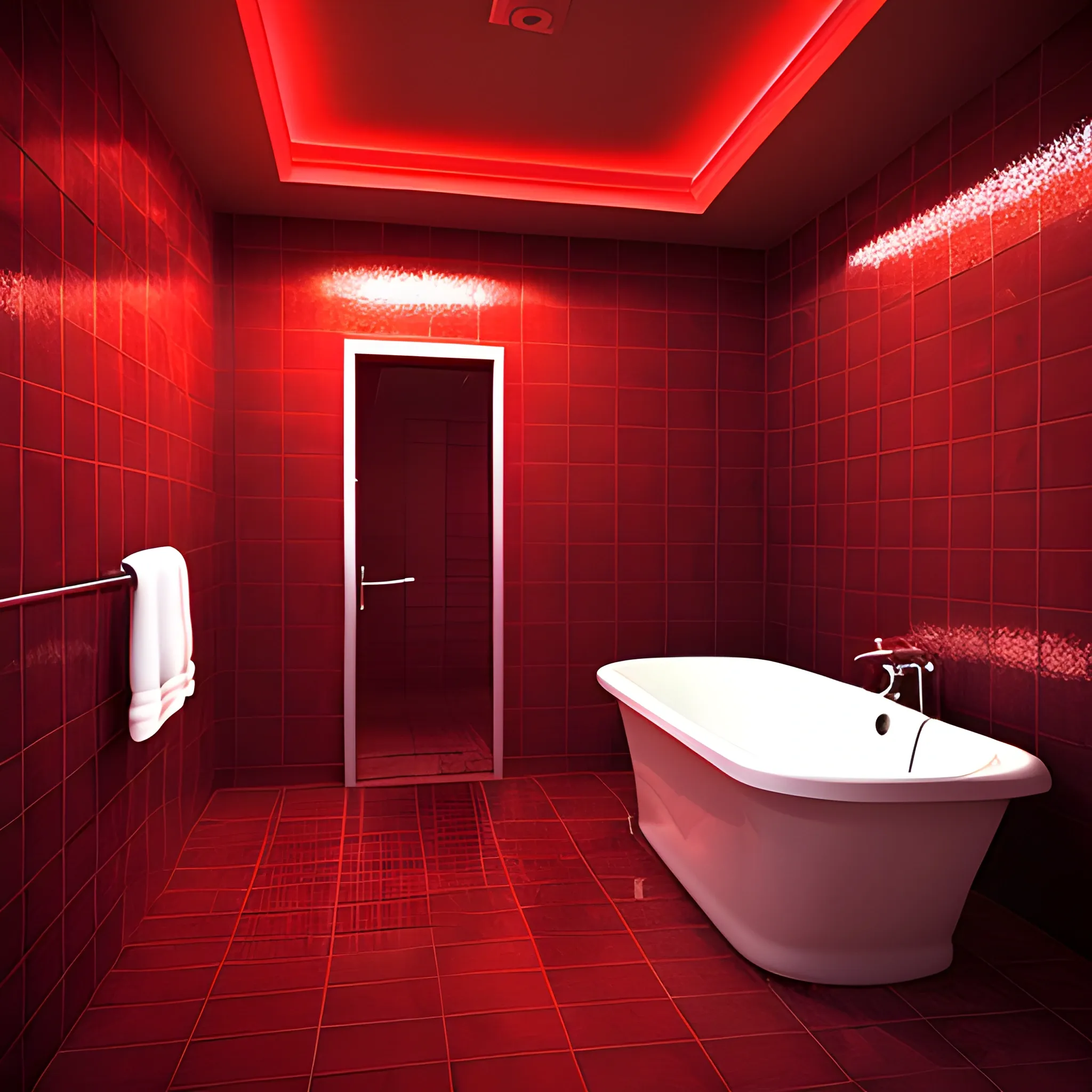 a giantic dark hall lonely tiled bathroom terma with red lights aesthetic by the night, 3D