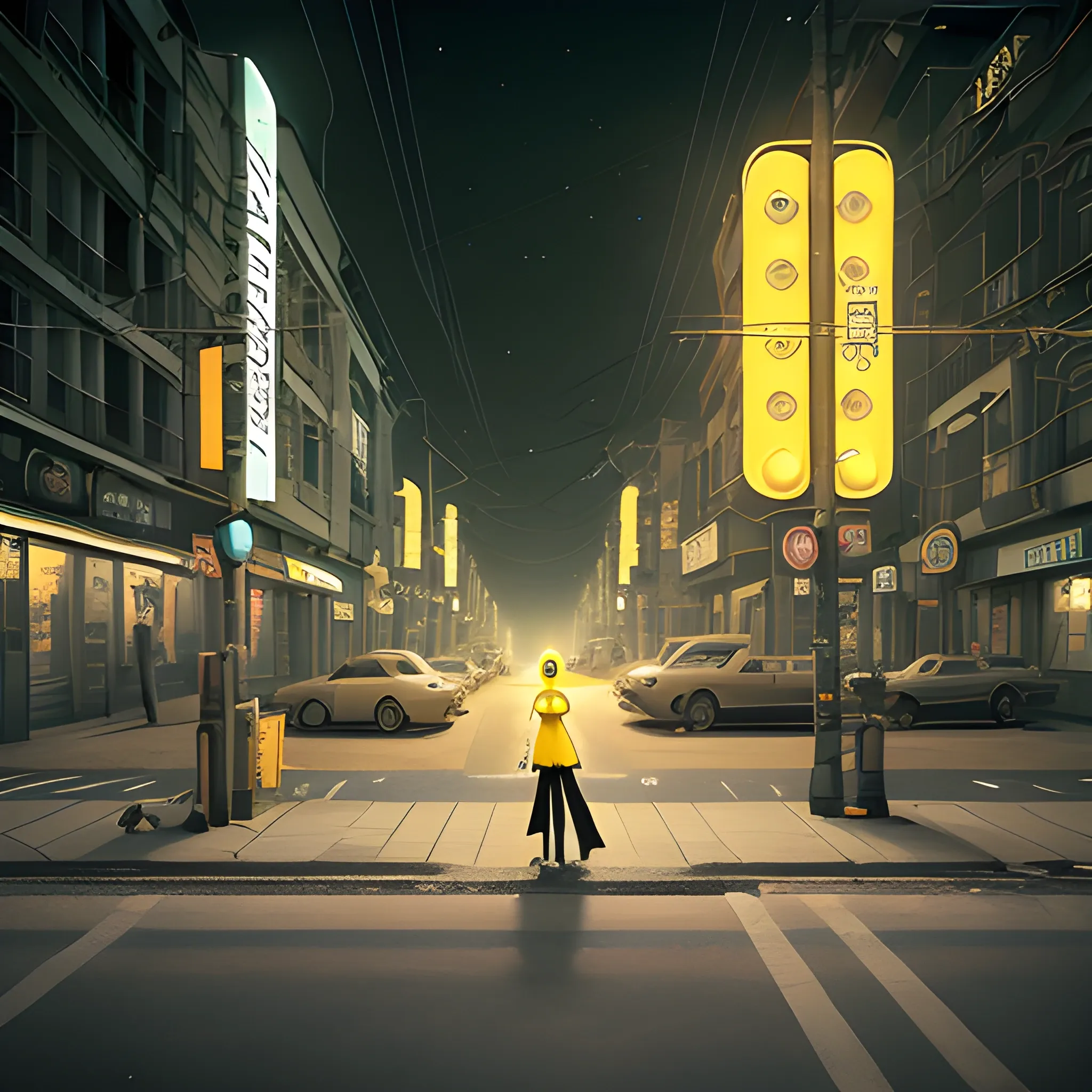 
In a semi-realistic atom punk-style street, the night unfolds in yellow and white hues. The artificial glow accentuates the solitude and cleanliness, creating a scene frozen between classic and futuristic. Retrofuturistic yellow lights dance over the immaculate surface, revealing a silent dialogue between elegant white-toned buildings and the future. In this atom punk night, solitude witnesses a world progressing at its own pace. The scene becomes a canvas where aesthetics and nostalgia harmonize, inviting solitary passersby to immerse themselves in the illuminated melancholy of a future that never arrived., 3D