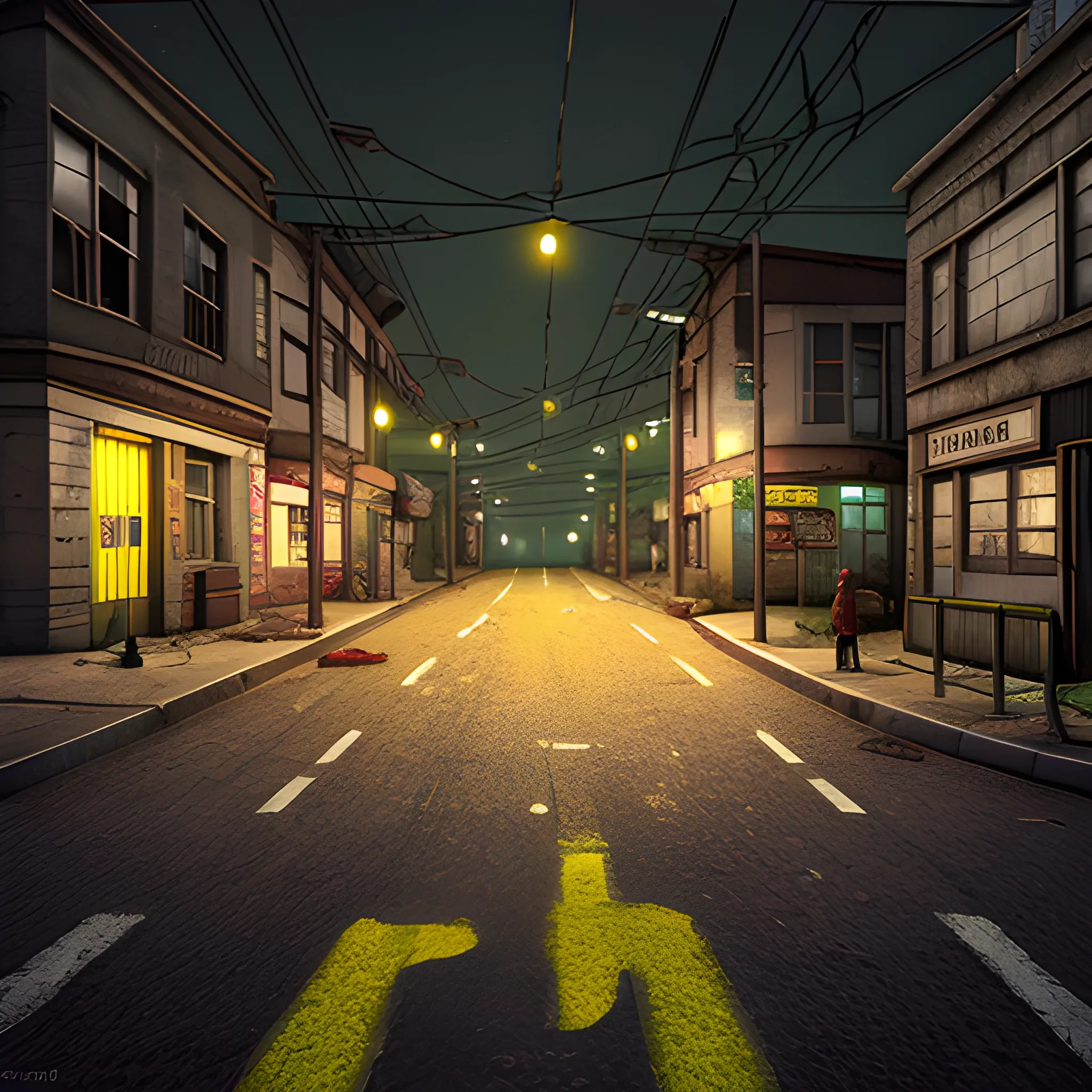 
On a semi-realistic atom punk street with yellow and white lights., 3D