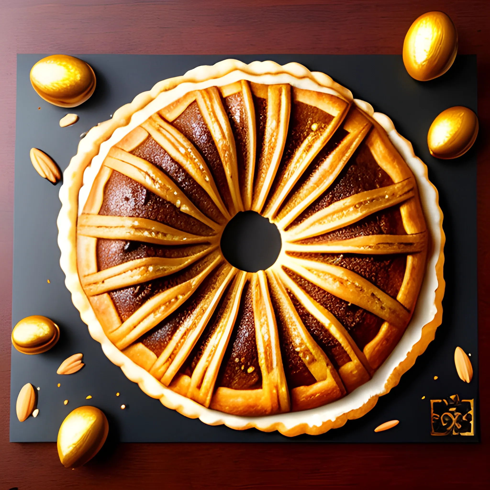 For an extra-special holiday treat, bake this delicious galette des rois, a traditional French cake usually served on Epiphany, the day the Three Kings visited the baby Jesus. A galette des rois is made of an irresistibly creamy almond filling sandwiched between two flaky, buttery layers of puff pastry，detailed crossatching， High contrast，dynamic line work，use of vintage imagery，orgnic contours，in the style if wood engraving，hatching，woodcutmmonochromatic compositions --ar 60:80