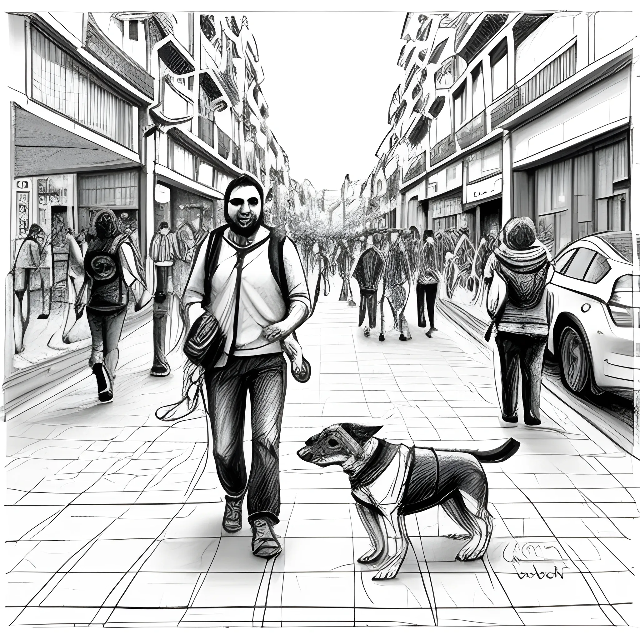 Una gran ciudad con rascacielos y personas caminando apresuradamente. En el centro, un perro callejero deambula sin rumbo, mostrando la desolación de su situación., Pencil Sketch