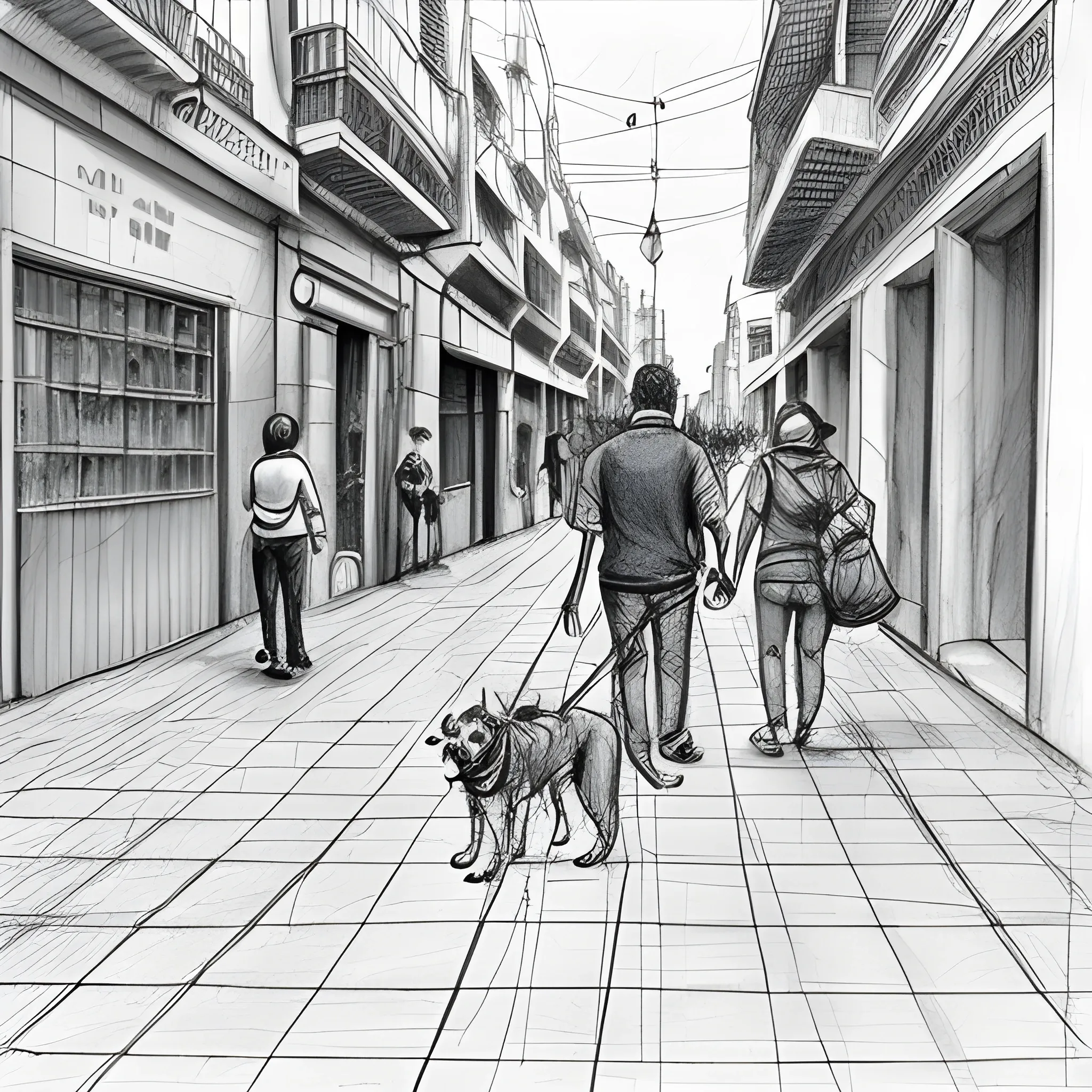 Una gran ciudad con rascacielos y personas caminando apresuradamente. En el centro, un perro callejero deambula sin rumbo, mostrando la desolación de su situación., Pencil Sketch