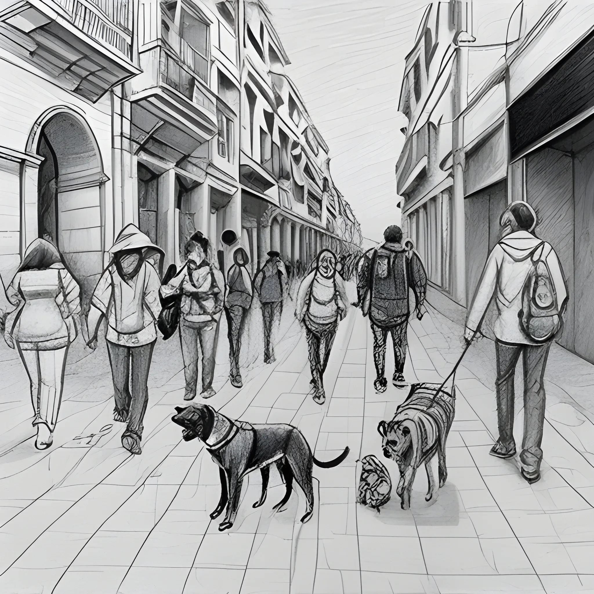 Una gran ciudad con rascacielos y personas caminando apresuradamente. En el centro, un perro callejero deambula sin rumbo, mostrando la desolación de su situación., Pencil Sketch