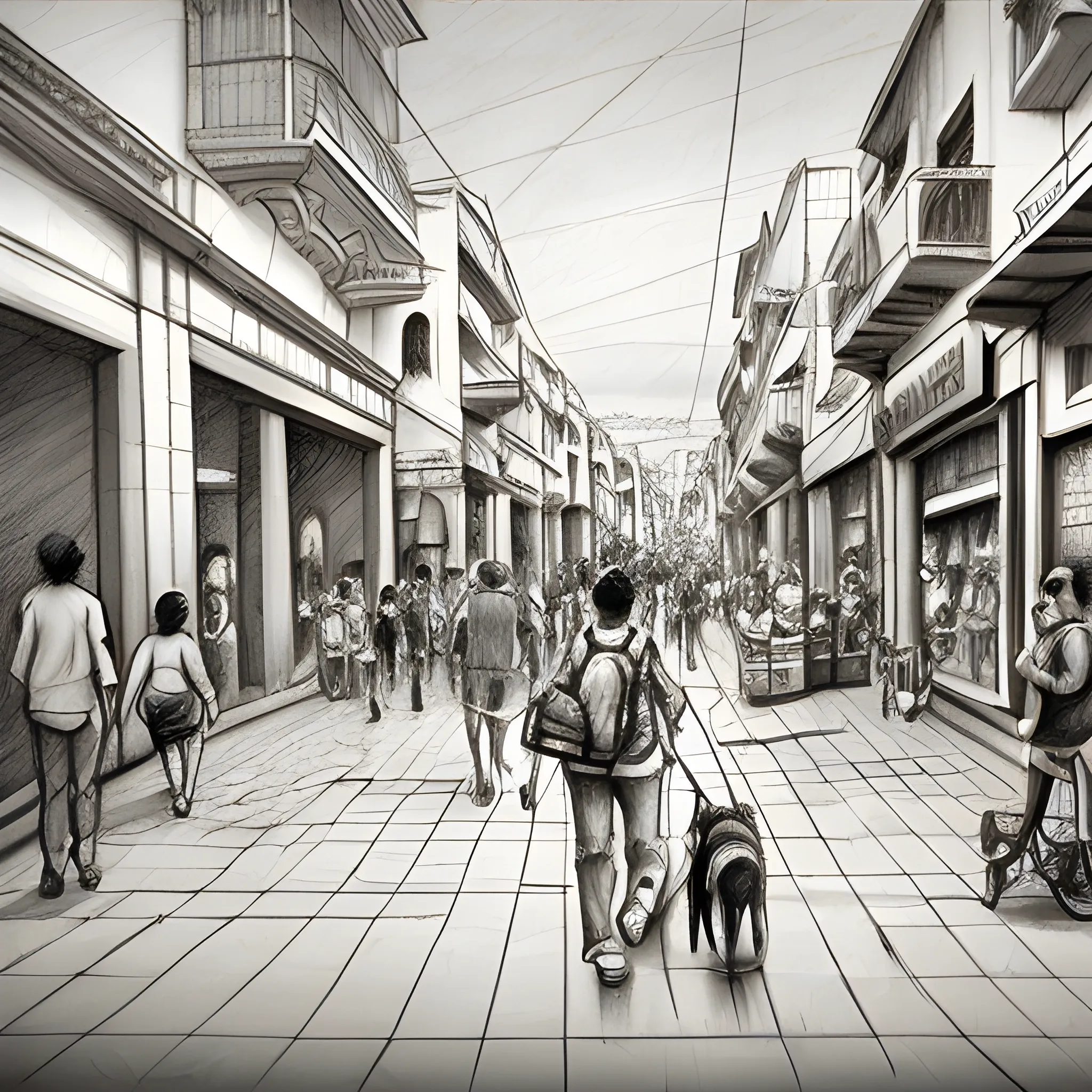 Una gran ciudad con rascacielos y personas caminando apresuradamente. En el centro, un perro callejero deambula sin rumbo, mostrando la desolación de su situación., Pencil Sketch