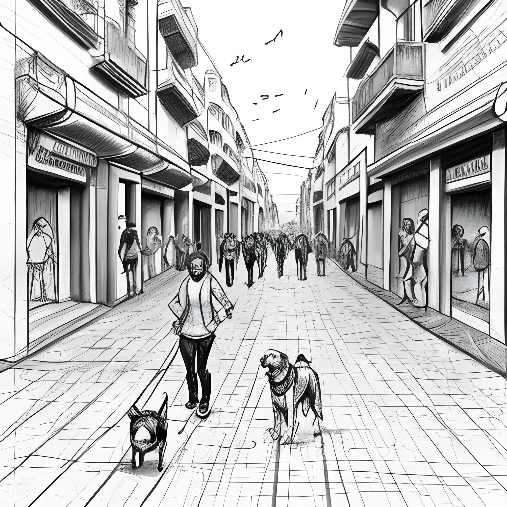 Una gran ciudad con rascacielos y personas caminando apresuradamente. En el centro, un perro callejero deambula sin rumbo, mostrando la desolación de su situación., Pencil Sketch