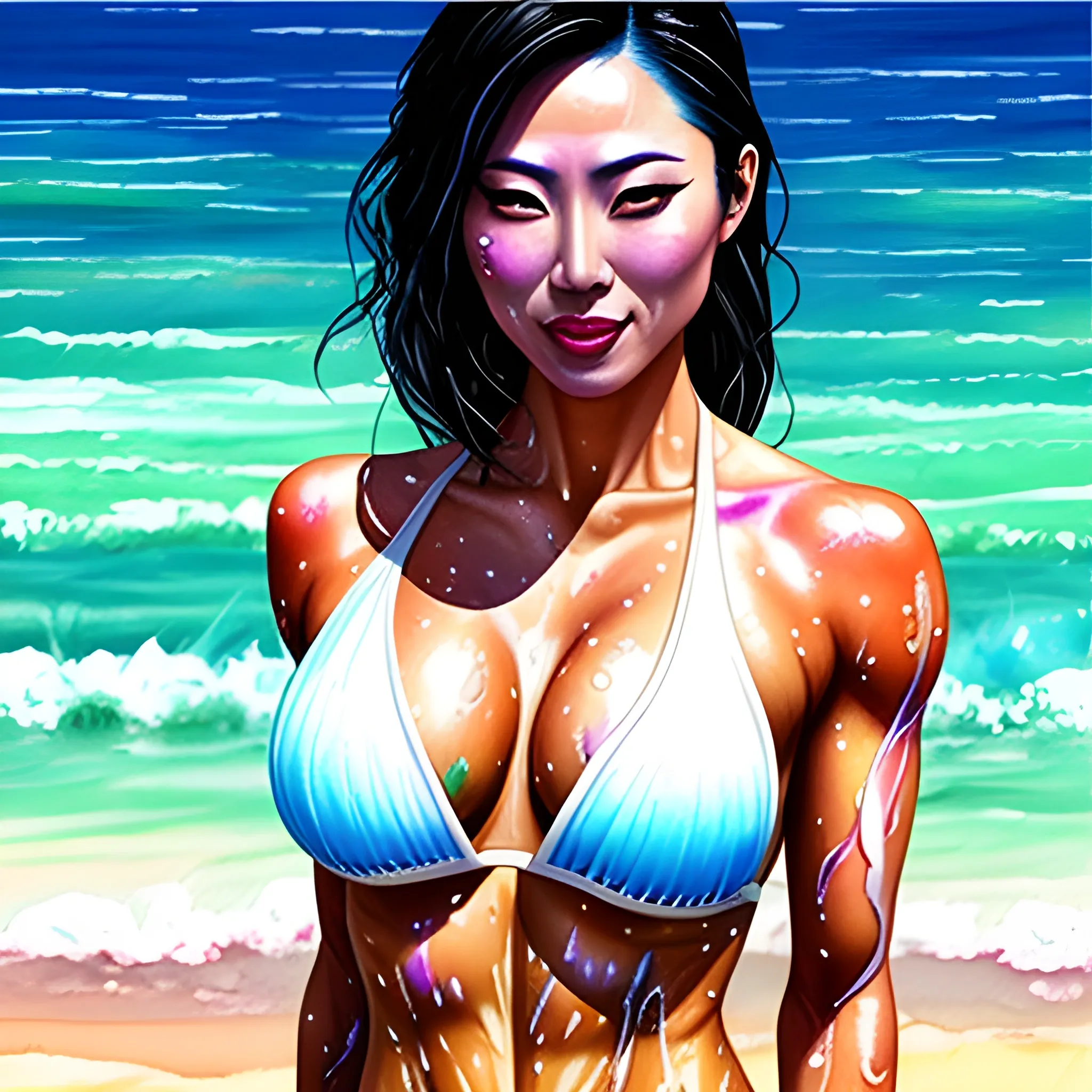 Asian girl with white skin and toned abs in a disco party on beach sweating and wet in eye catching details, Water Color hyper realistic , Oil Painting