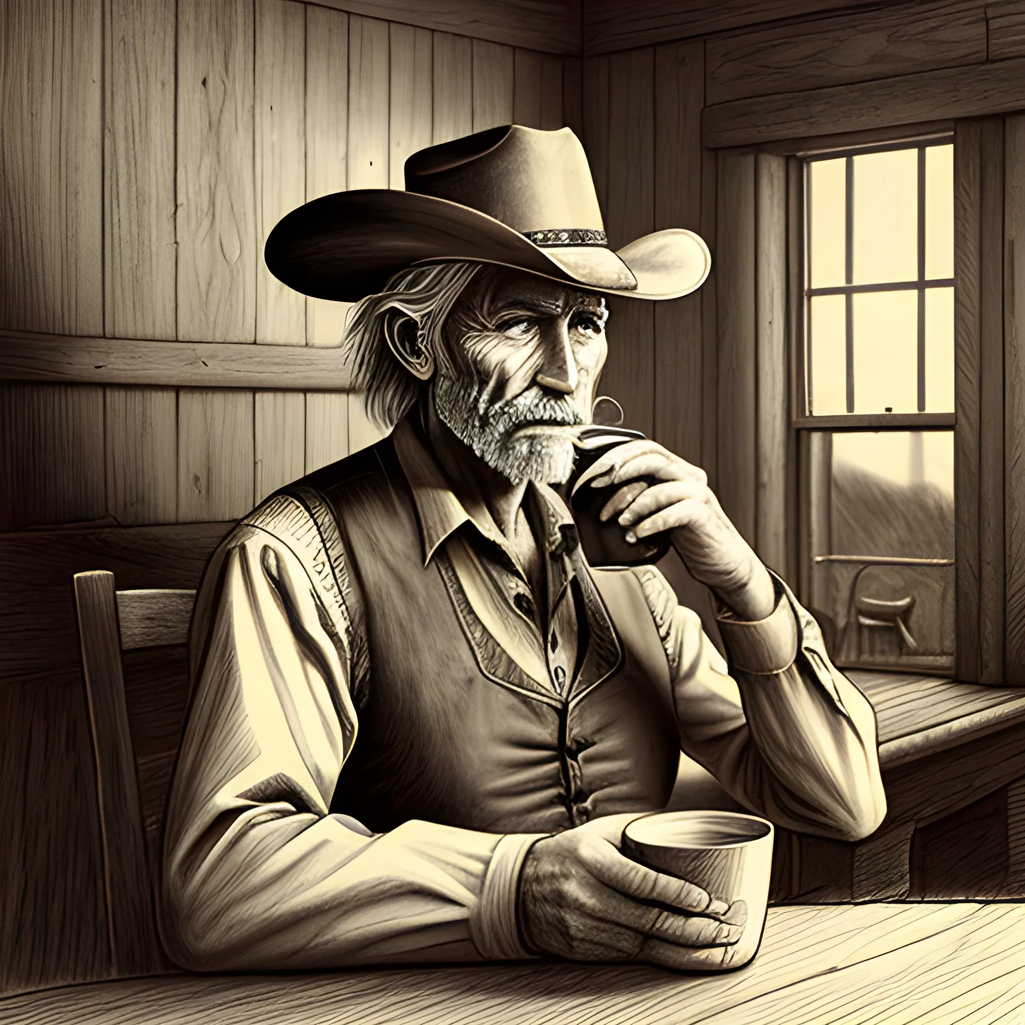 an older cowboy sitting in a saloon drinking a cup of coffee, Pencil Sketch, Trippy