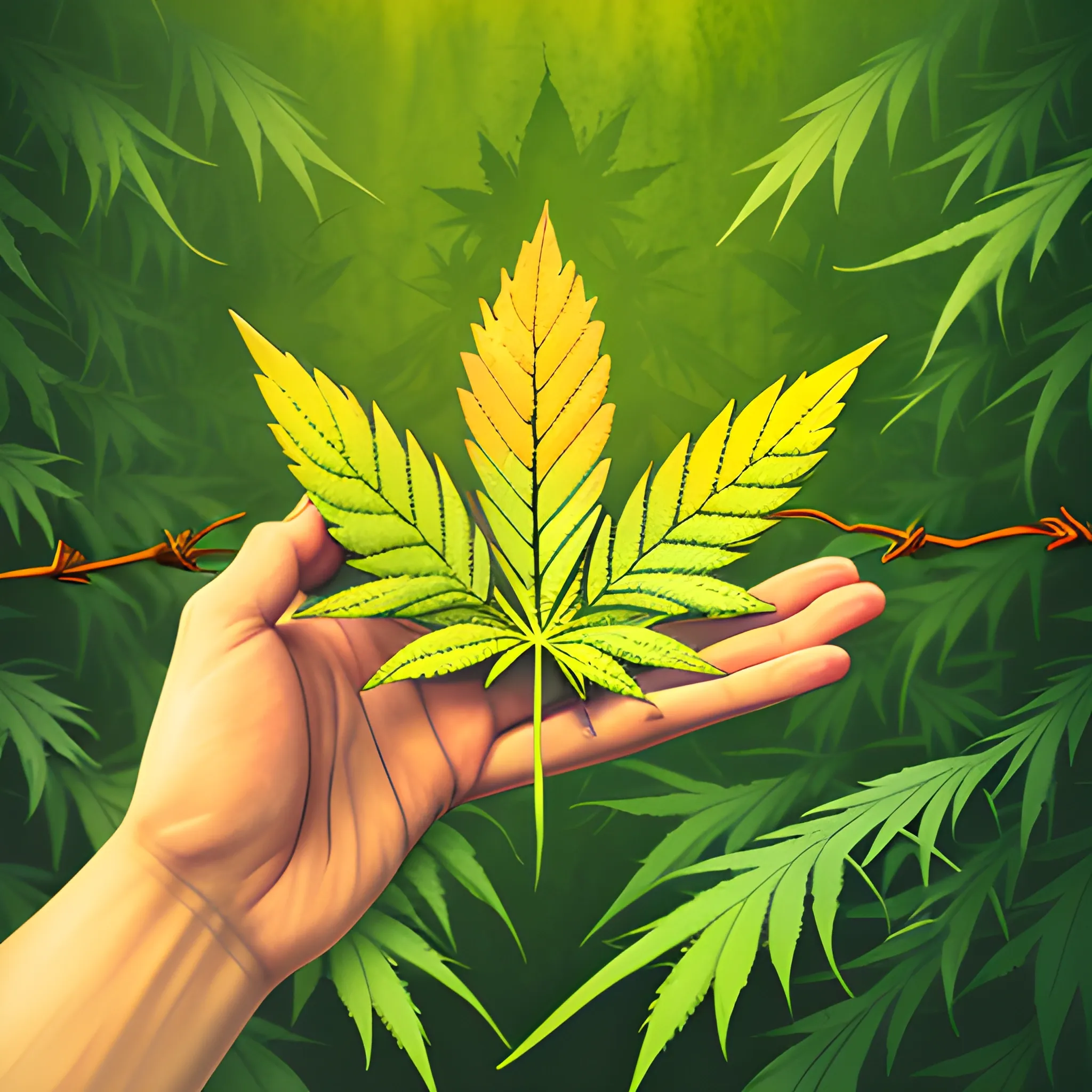 Watercolor style. Young girl's hands holding a marijuana leaf that is surrounded by barbed wire on transparent background