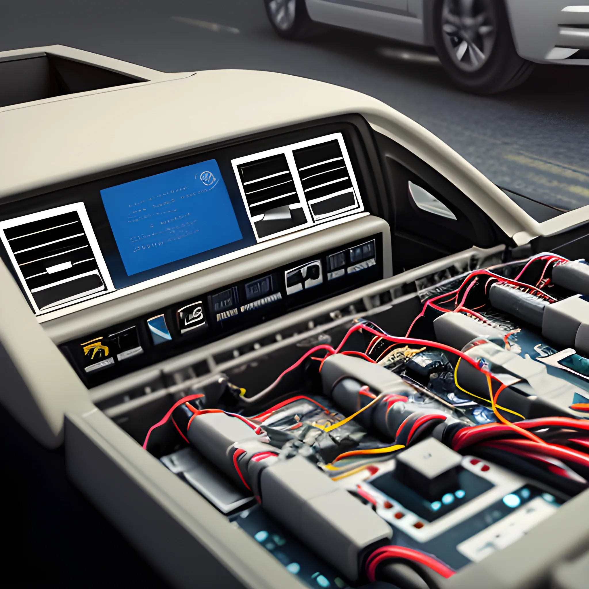 A picture of the vehicle's electronic electrical architecture, with communication lines connecting various electronic components.