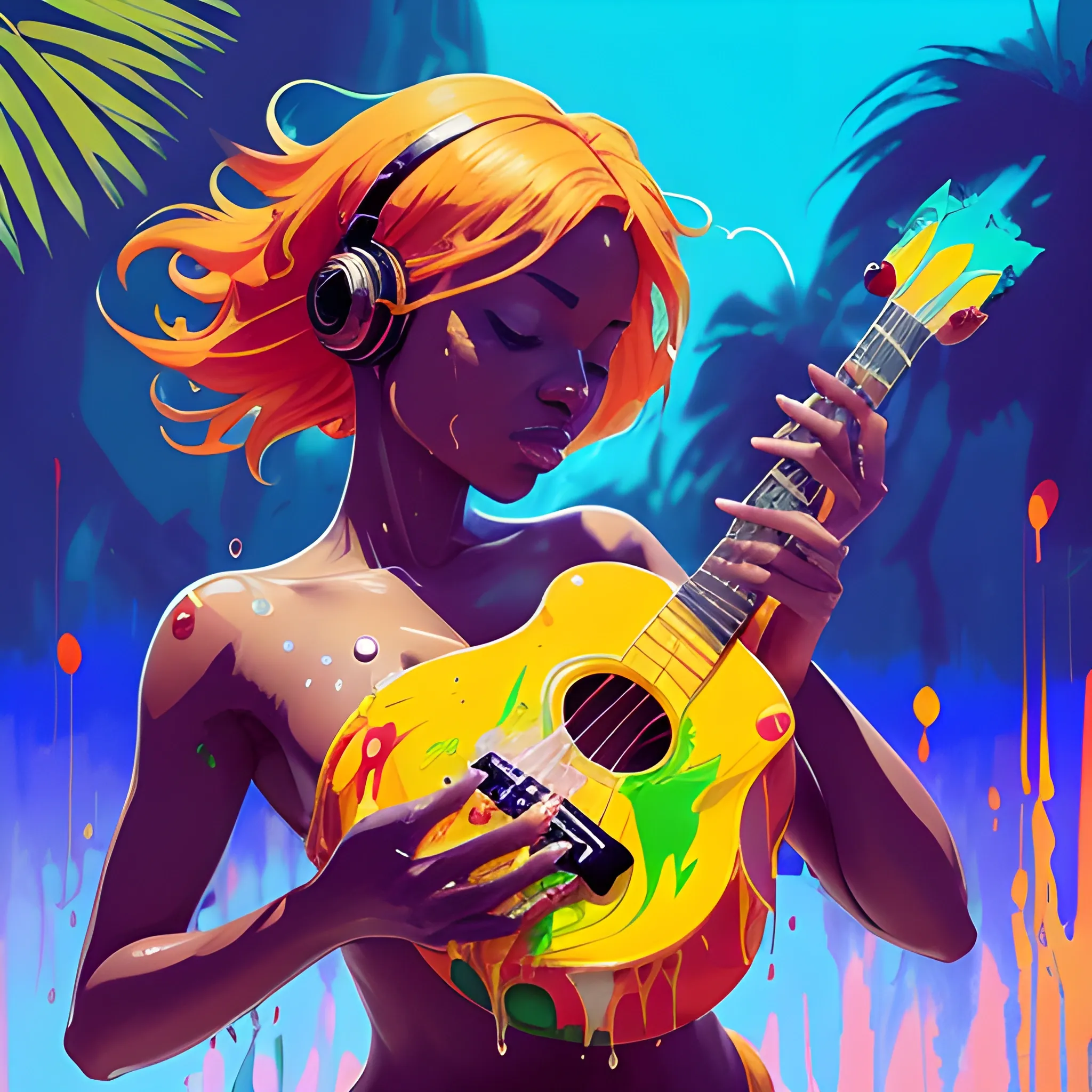 Splash art, music album, art cover, drawing a scantly clad african woman holding a ukelele with red yellow and green hair , closed eyes, without eye makeup, headphones on ears, tropical african paradise paradise, facing audience , intense look,  in frame, surrealistic, epic, artstation, splash style of colorful paint, splash swirling dripping melting, contour, intricate detail, splash screen, complementary colors, fantasy concept art, 8k resolution, deviantart masterpiece, paint dripping, splash arts, unreal engine, greg rutkowski, loish, rhads, beeple, makoto shinkai and lois van baarle, ilya kuvshinov, rossdraws, tom bagshaw, alphonse mucha, global illumination, detailed and intricate environment, Oil Painting

