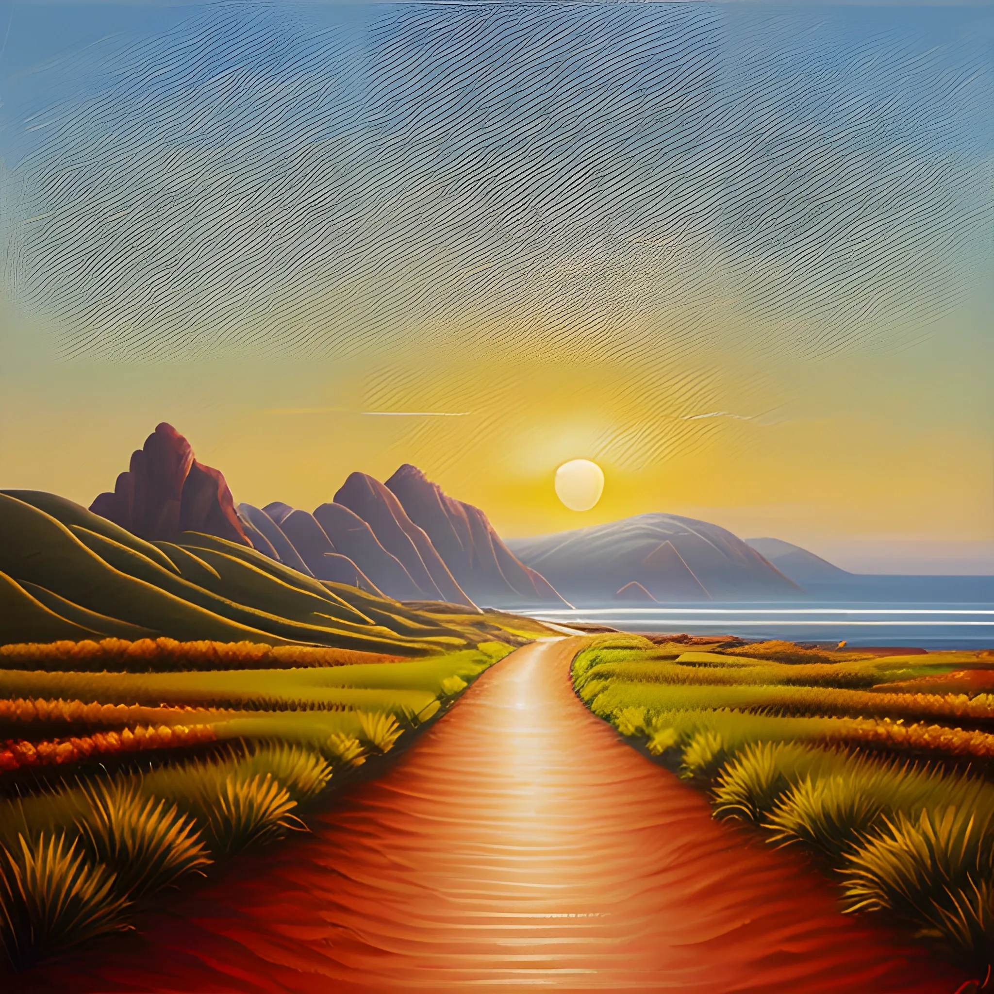 A path with sinuiso on the horizon where the compass is the sun, signage on the way to vocation and adolescent direction to that place, Oil Painting