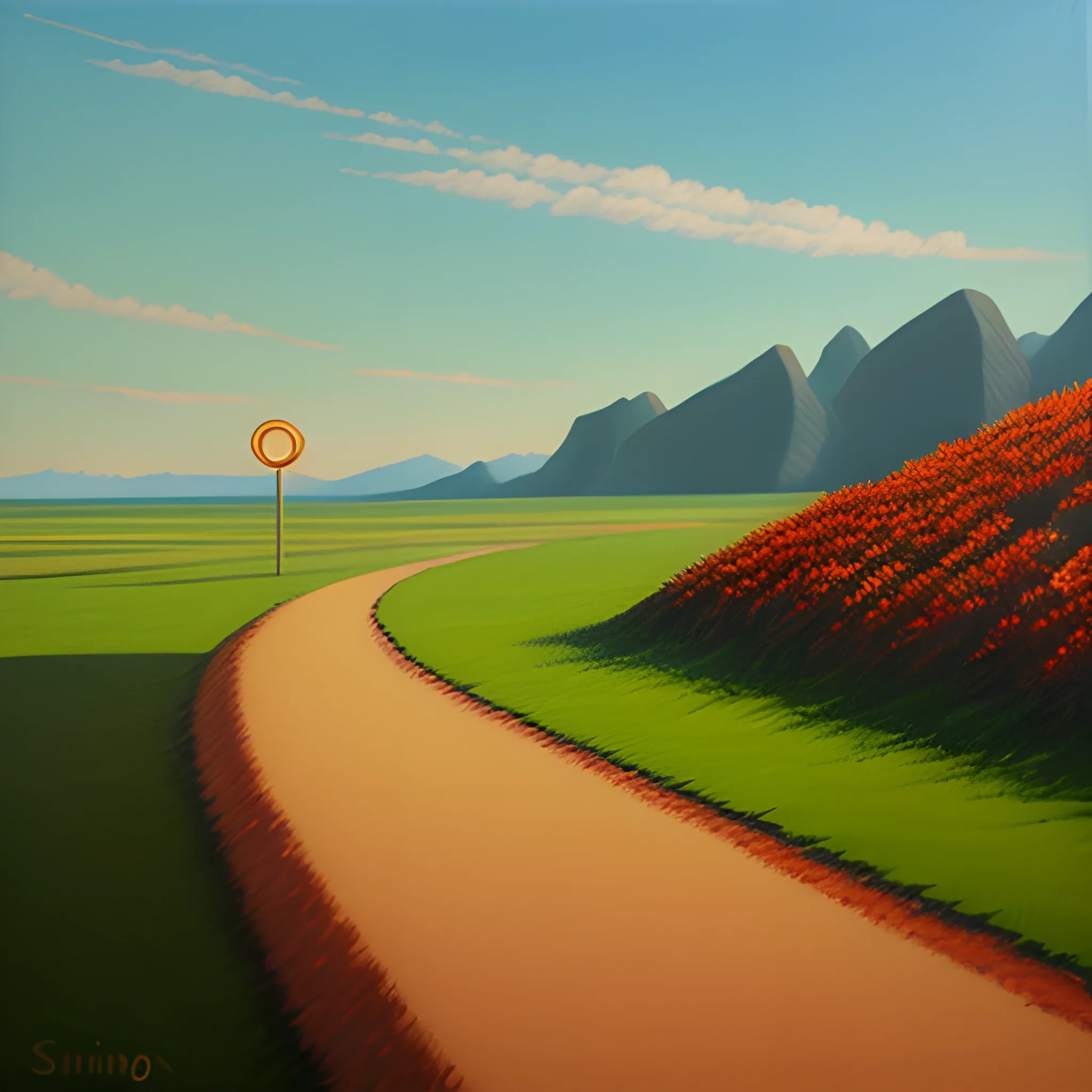 A path with sinuiso on the horizon where the compass is the sun, signage on the way to vocation and adolescent direction to that place, Oil Painting, 3D