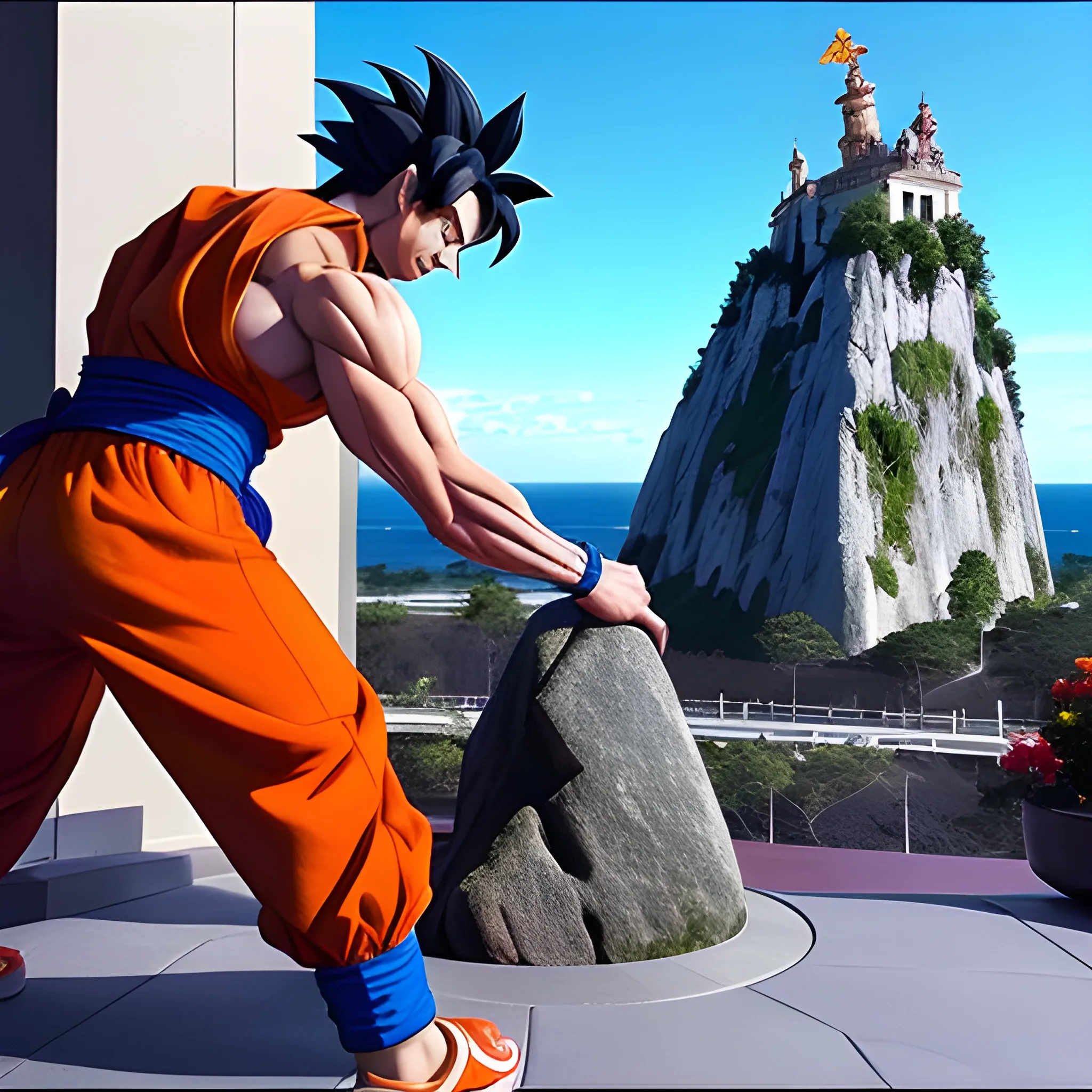 goku entreando con la roca en un gimnacio de hotel hilton con pesas rusas , Trippy