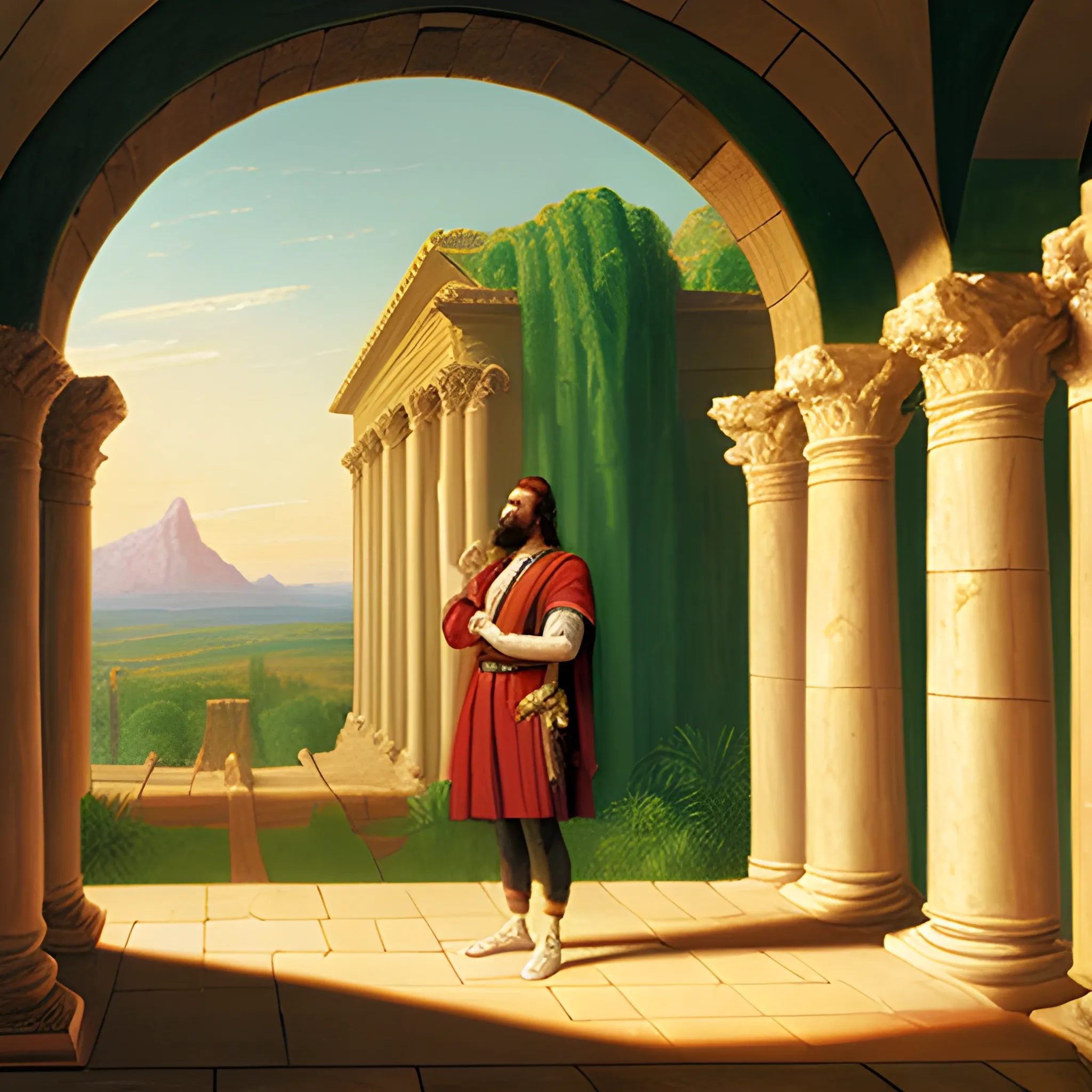 King Solomon standing in front of a ancient palace, painting in the style of thomas cole
