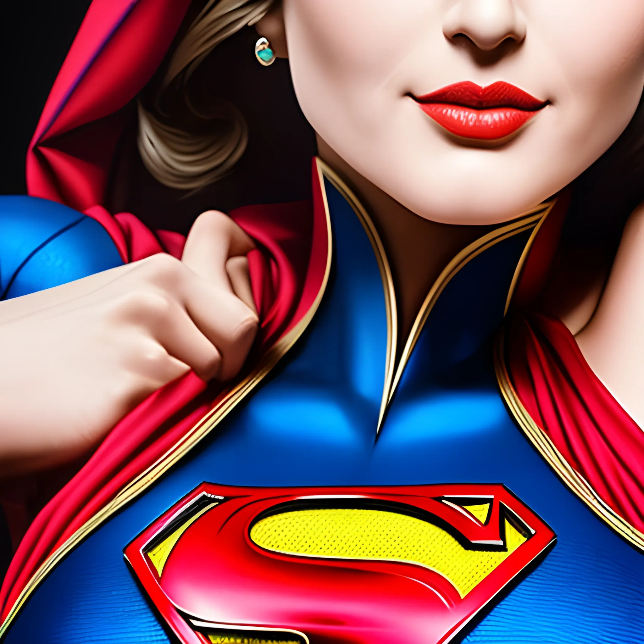 An elegant lady wearing a Superman costume, eye-catching detail, realistic ultra-detailed