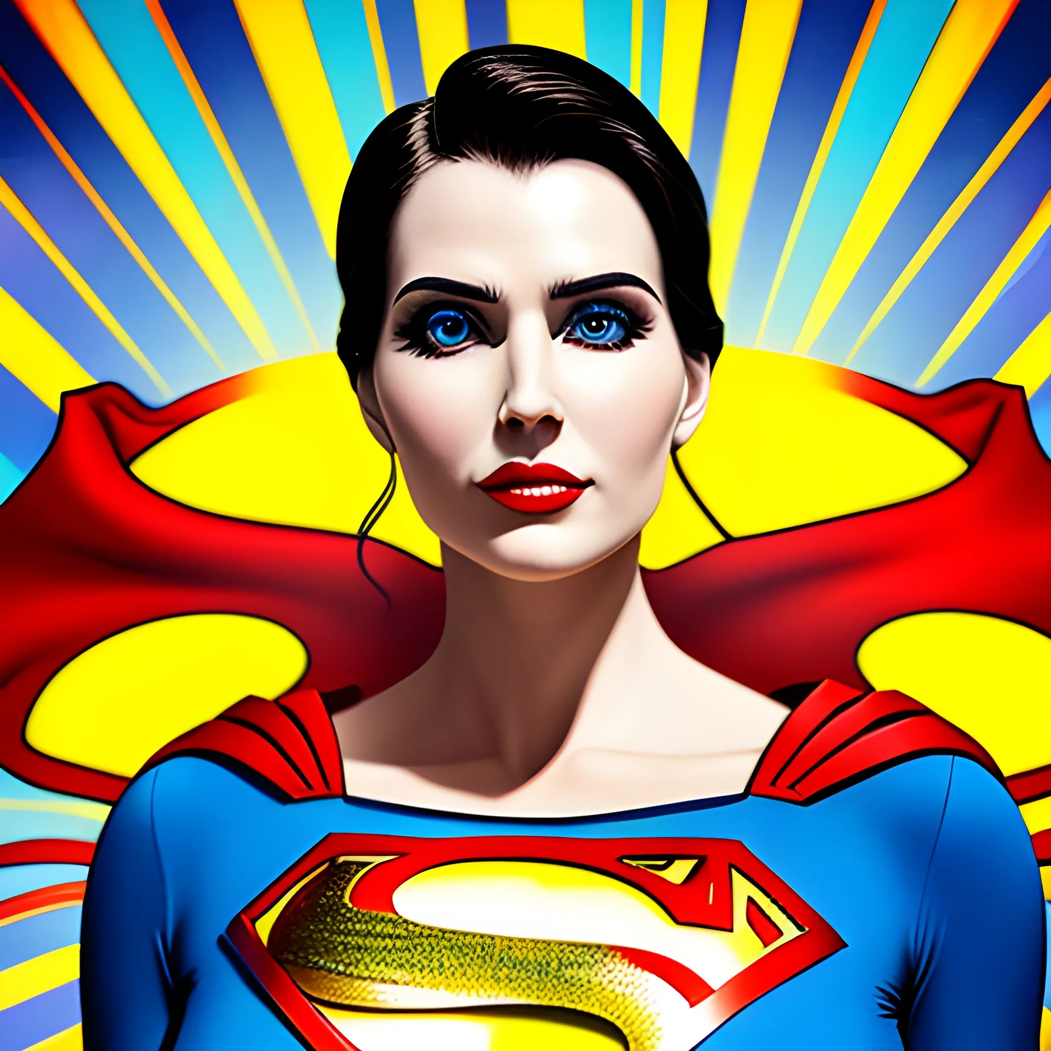 An elegant lady wearing a Superman costume, eye-catching detail, realistic ultra-detailed, Trippy
