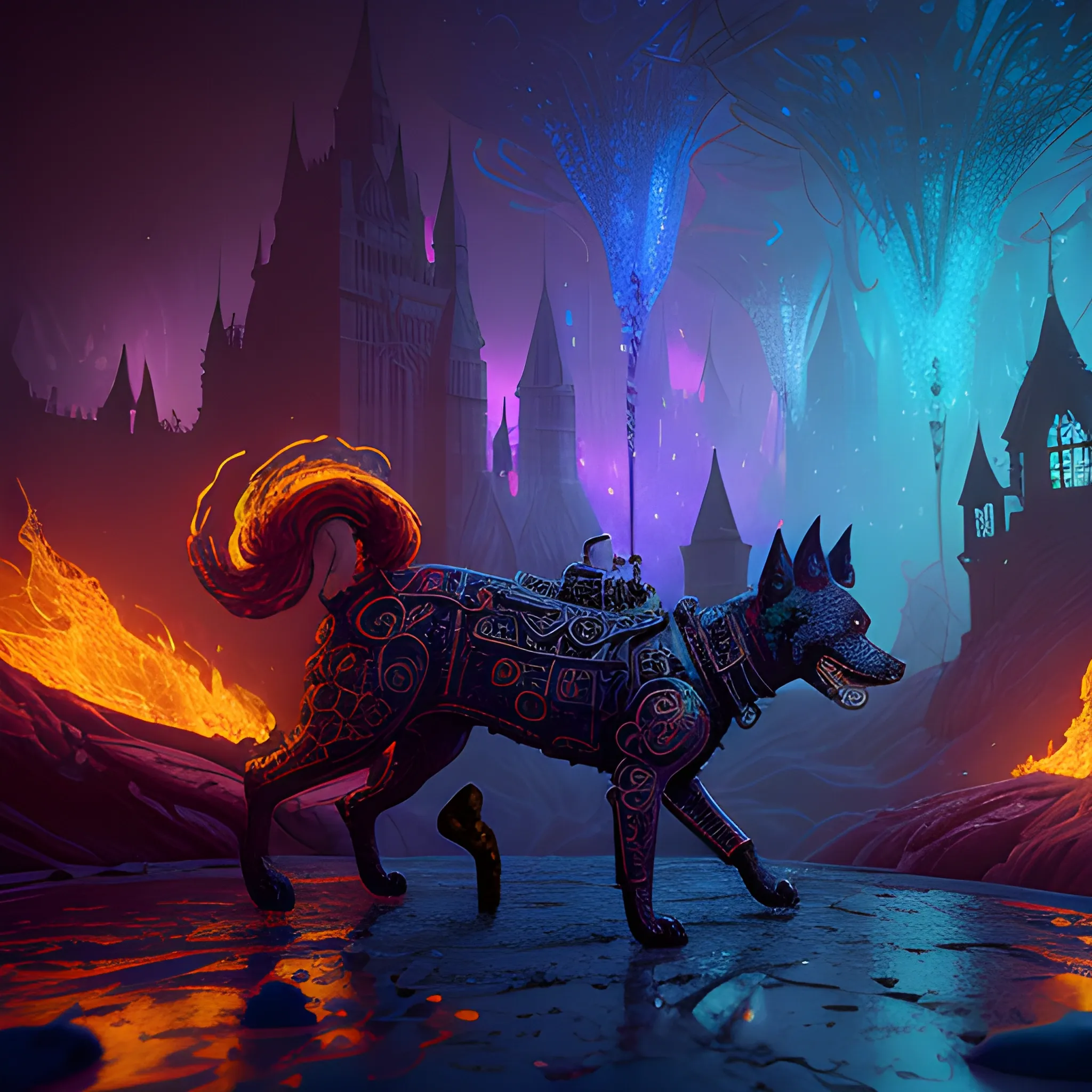  fire dogs, hell dogs, 3 dogs in fire, luminous colorful sparkles, ominous, eldritch, macabre, spooky; by James R. Eads, Gawki, rajewel, Tania Rivilis, Dan Mumford, glitter, airbrush, Octane Render, elegant, volumetric lighting, 16k; detailed matte painting, deep color, fantastical, intricate detail, splash screen, complementary colors, fantasy concept art, 8k resolution trending on Artstation Unreal Engine 5, 